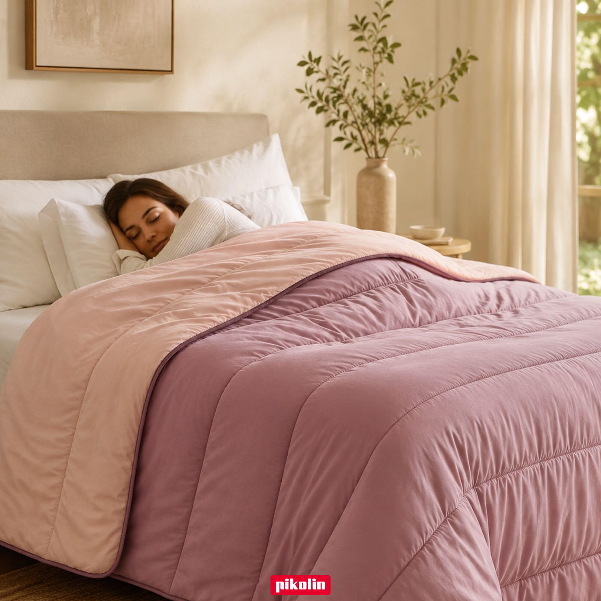 PIKOLIN Couette 180 x 220 cm 300 g Tempérée en Fibre Ecolofil pour Lit 1 Personne - Couette Réversible Toucher Plume, Lavable, Douce et Respirante - Bicolore Mauve