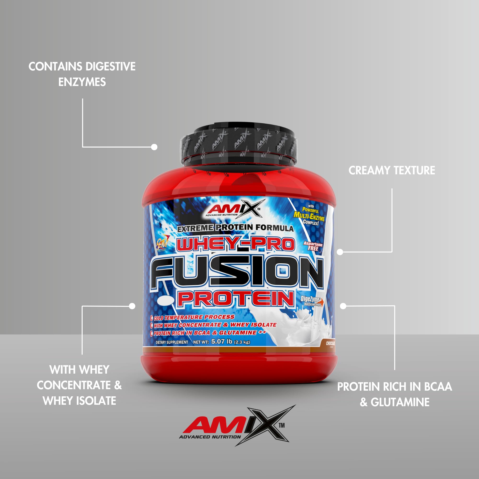 AMIX - Proteína Whey - Pure Fusion - 2,3 Kg - Concentrado de Suero Ultra Filtrado - Proteína Isolada con Splenda - Contiene L-glutamina - Proteínas para Aumentar Masa Muscular - Sabor Chocolate