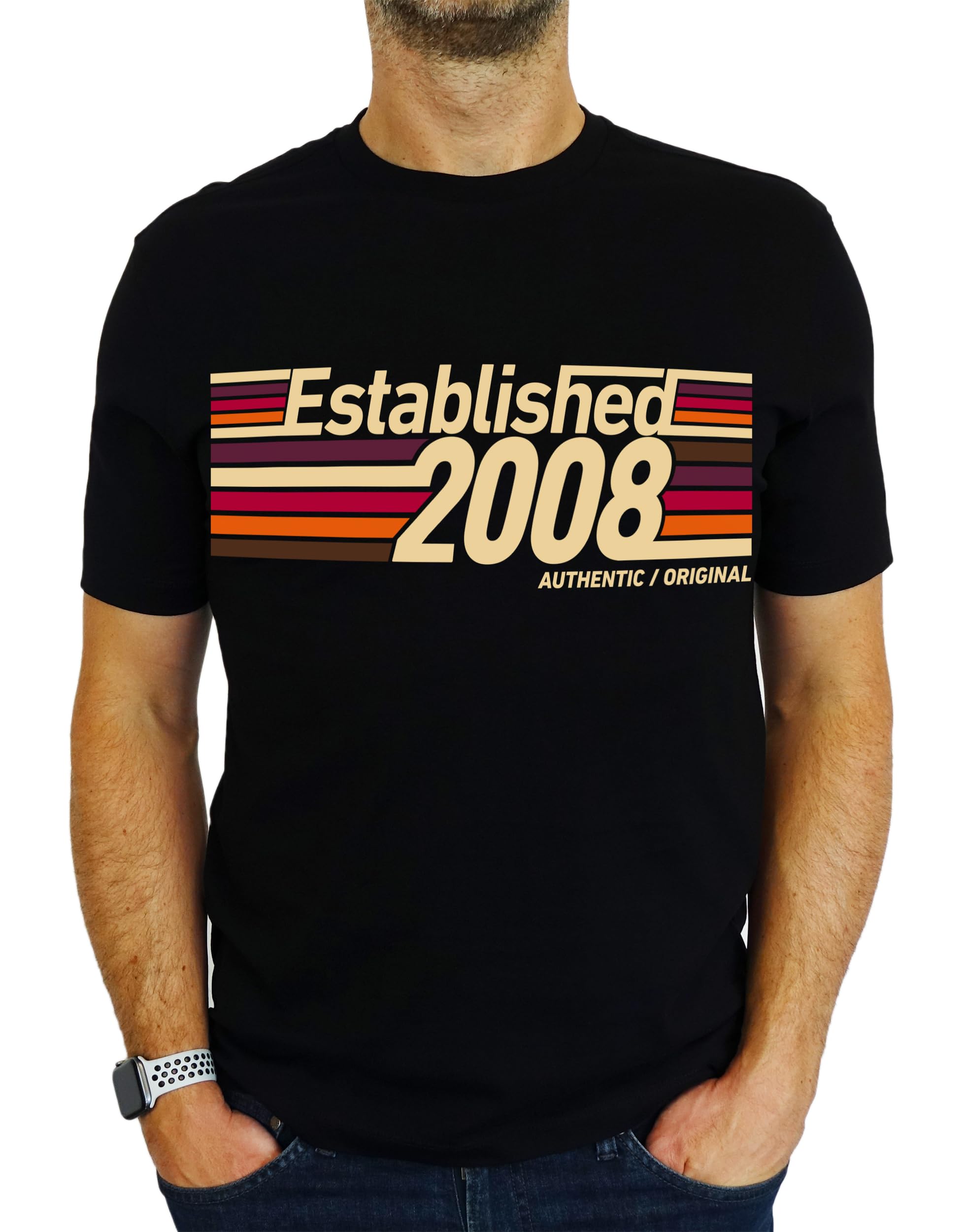 My Generation Gifts Men's Black 2008 Established Retro Stripes - 18Th Birthday Gift | Present T-Shirt S