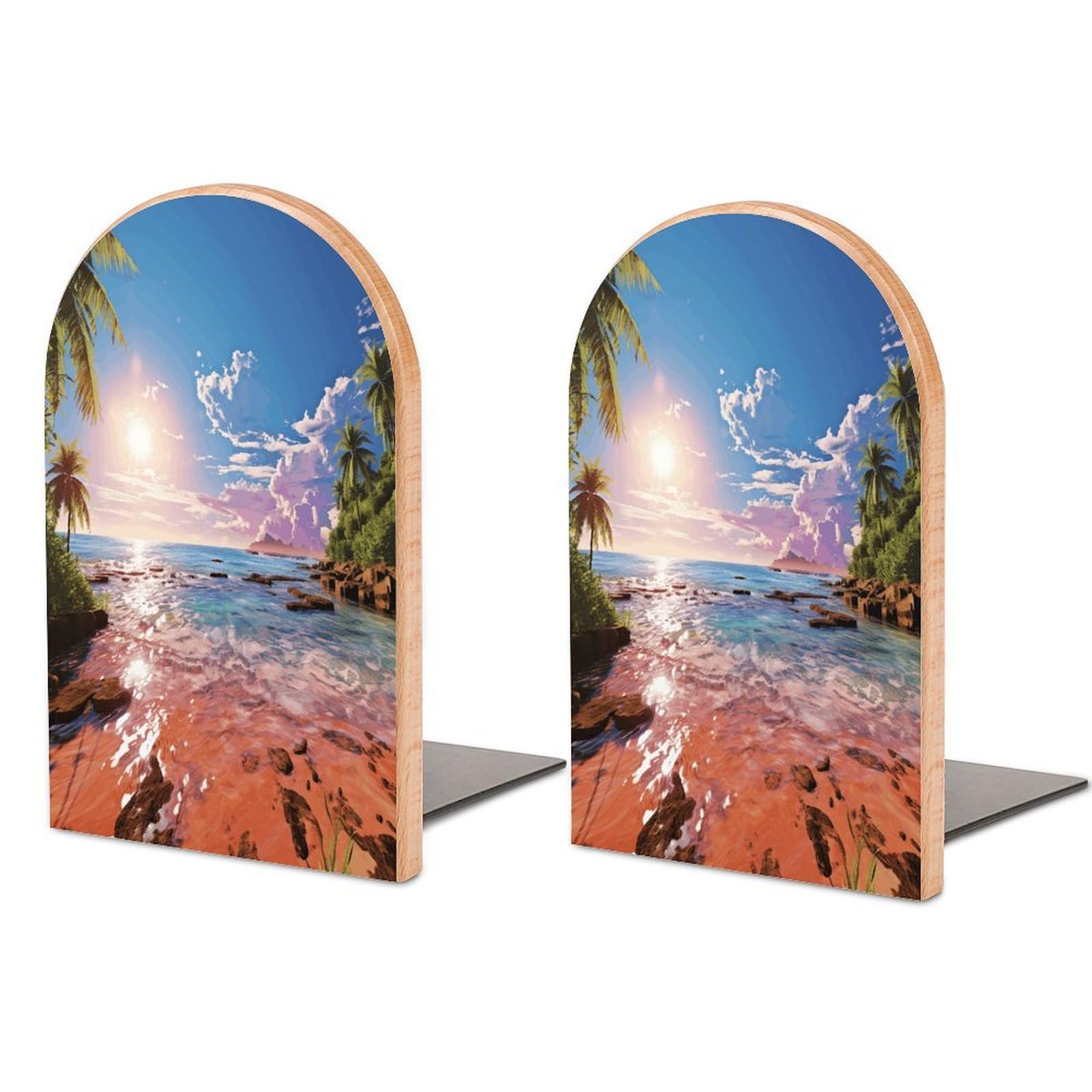 Summer Beach with Palm Trees Bookend Wood Book End for Shelves Heavy Duty Non-Slip Wooden Bookend Support Universal Economy Bookends Fancy Modern Decorative Book Accessories 1 Pairs