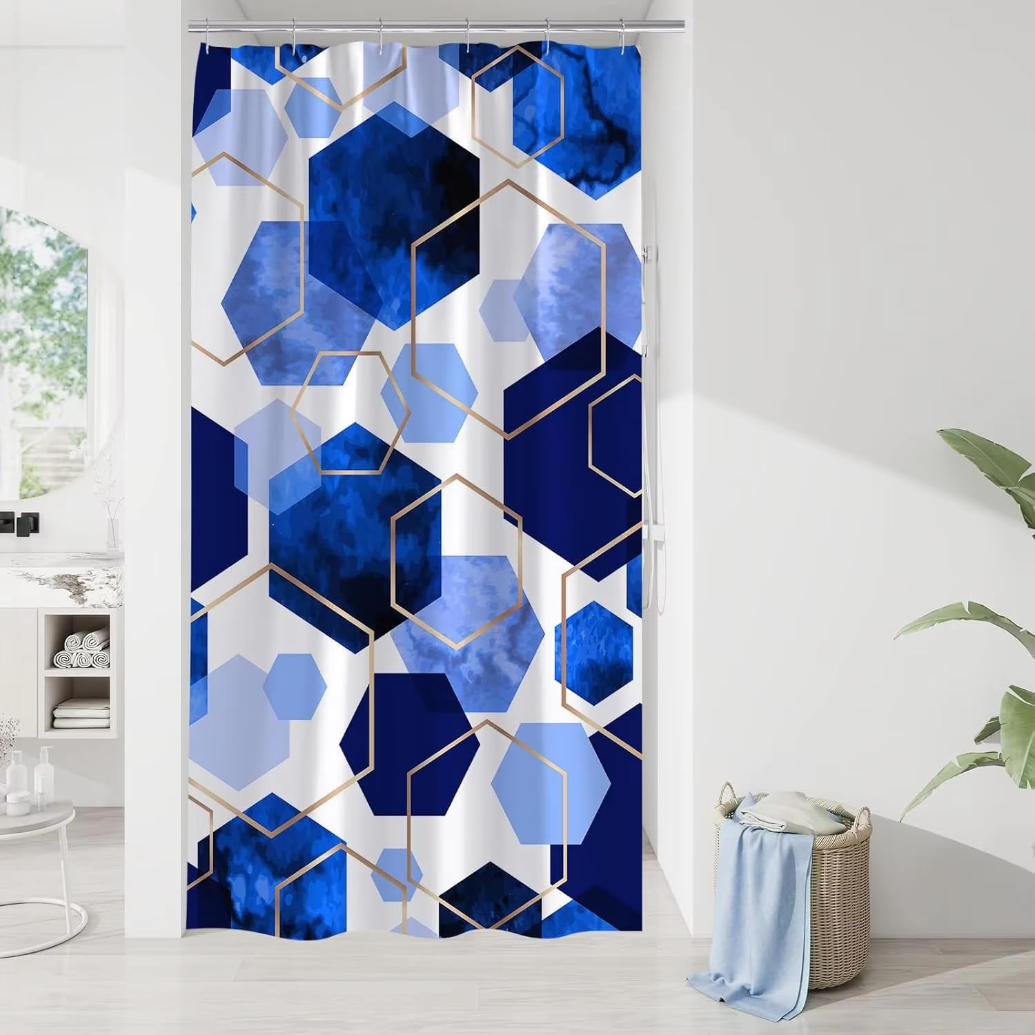 KELAIMI Geometric Shower Curtains,Gold Geometric Modern Luxury Polyester Bathroom Curtain - Waterproof Fabric Bathtub Curtain with Hooks Blue 200X200Cm