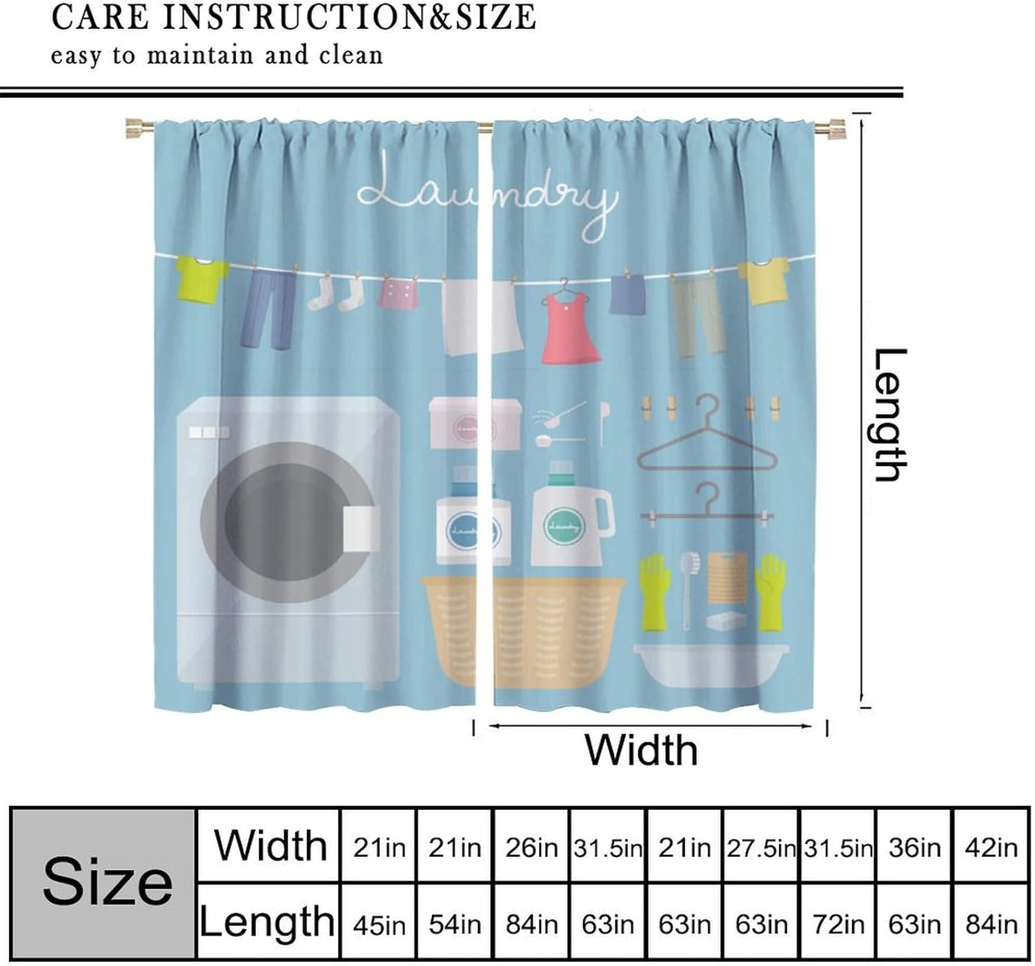 Laundry Room Curtain Wash Dry Fold Repeat Pattern Blackout Print Rod Pocket Window Drapes for Laundry Kitchen Bedroom Living Room 42x54in