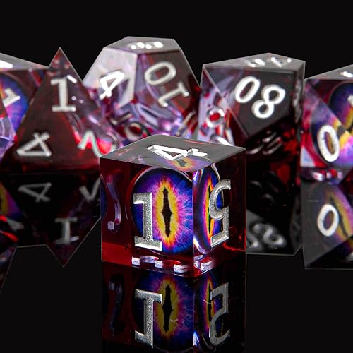 Miniatura 3 de Beholder's Eye - Juego de dados DND, juego de dados de borde afilado de ojo de dragón, hecho a mano, 7 accesorios de dados poliédricos para juegos