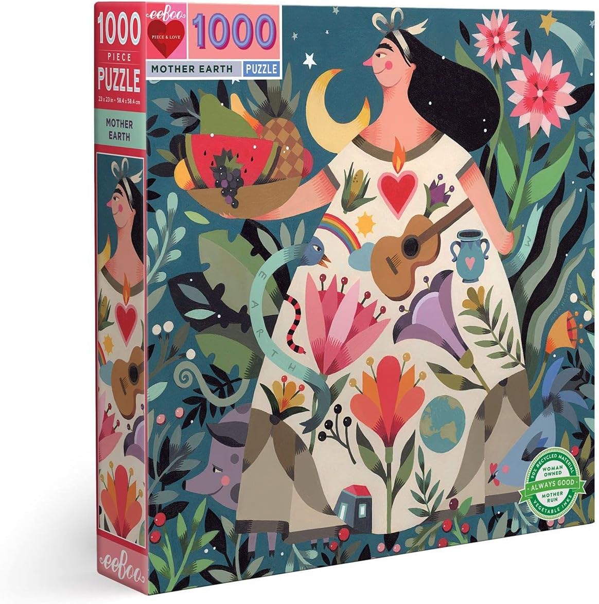 eeBoo 1000 Piece Puzzle - Poet's Garden Jigsaw Puzzle for Adults, Square 23" x 23" Made with Recycled Board & Vegetable-Based Ink
