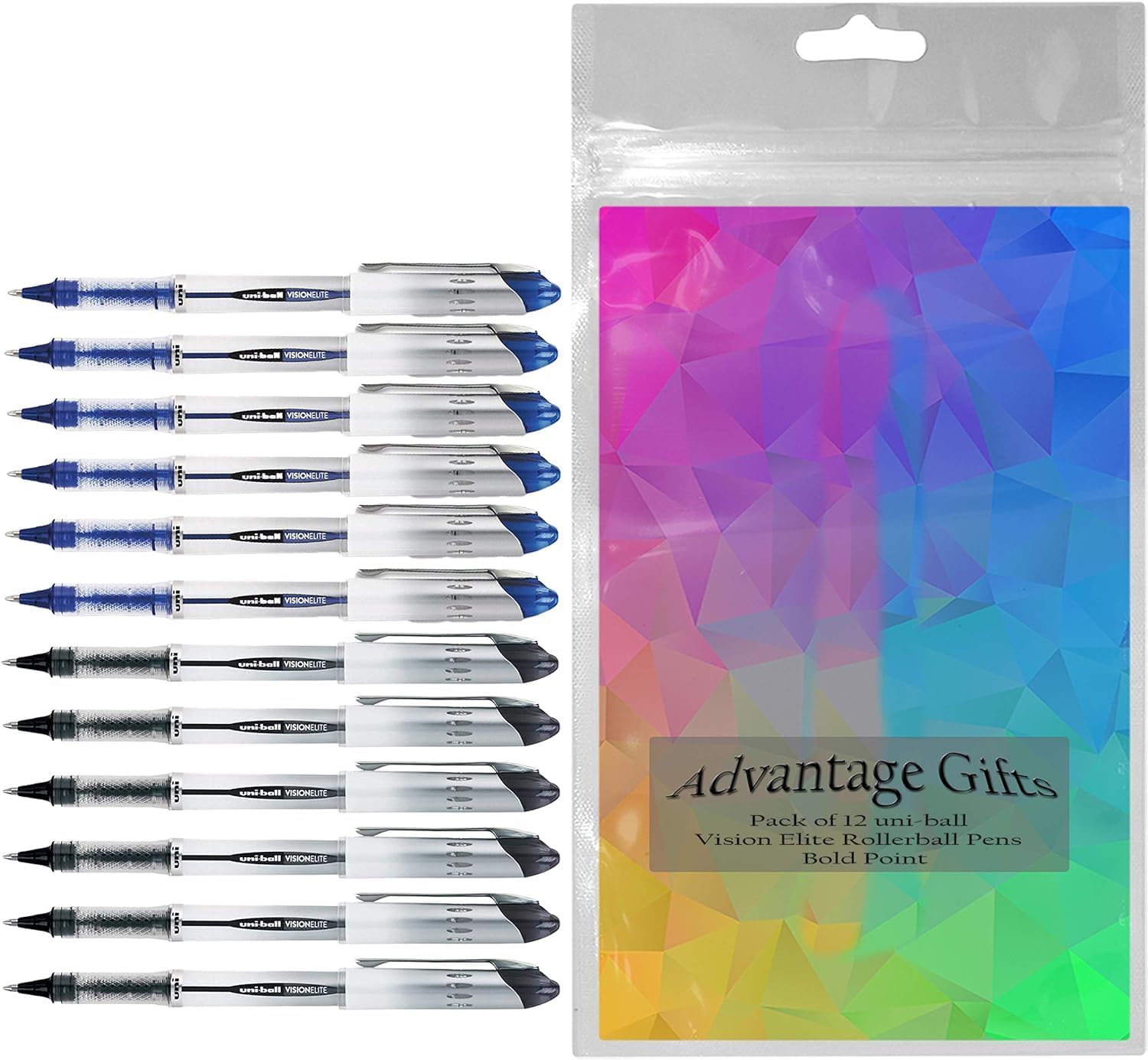 Vision Elite Rollerball Pens, Bold Point (0.8mm), Black/Blue Ink, 12 count, Bundle with Plastic Reusable Pouch