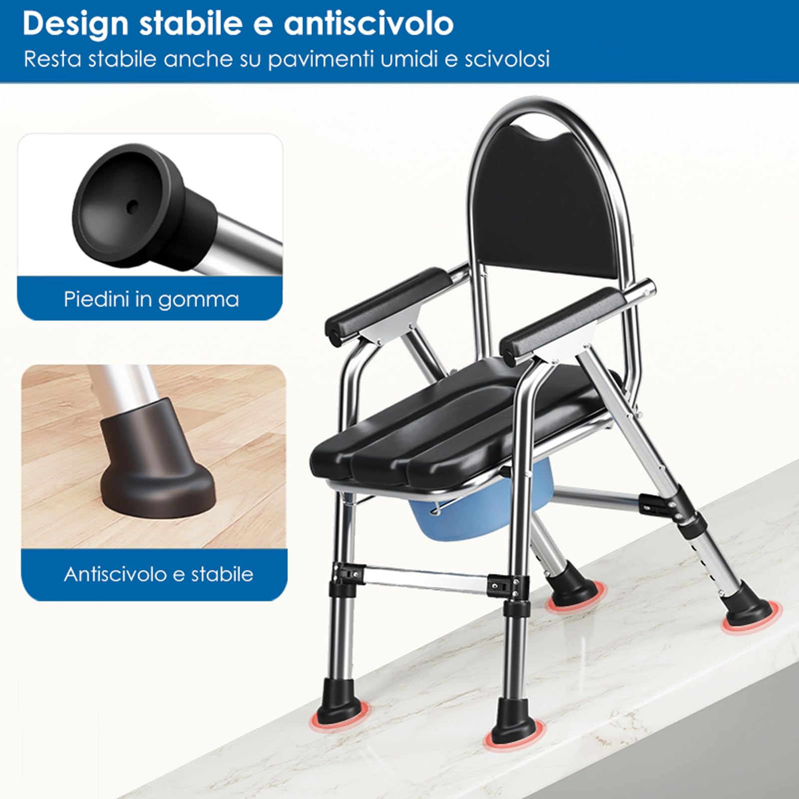 Sedia Comoda WC per Anziani, Sedia WC Pieghevole con Braccioli, Water Portatile per Adulti, Cesso Portatile Con secchio igienico e cuscino imbottito, Sedia da Doccia Disabili, (TY-0312)