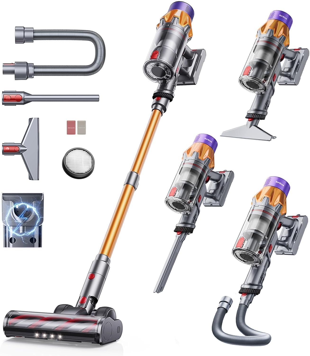 SunSare Akku Staubsauger Kabellos 650W/55000Pa/70Min, Akkustaubsauger mit 1M Schlauch, Wandladehalterung, Aromafunktion, Selbststehend, für Hartböden Teppiche Tierhaare