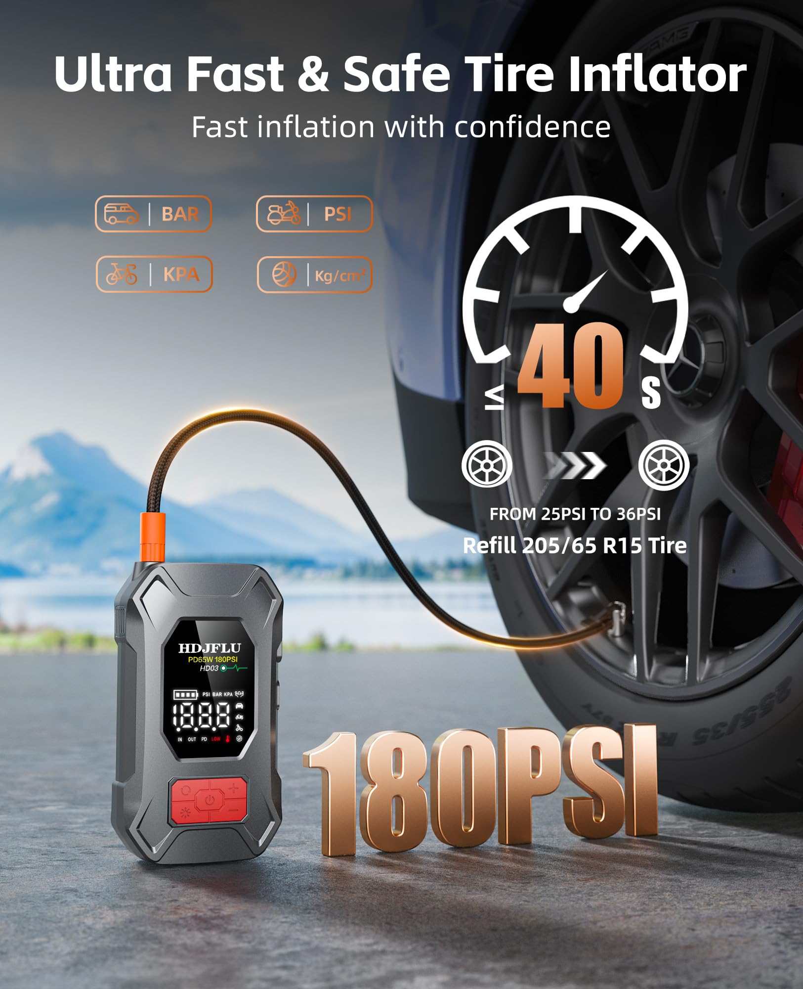 7500A con compressore d'aria da 180PSI, ricarica rapida da 65W, batteria portatile per auto da 24000mAh, gonfiatore di pneumatici da 12V (per benzina e diesel fino a 10L), luce LED