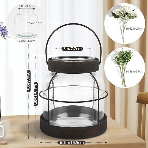 Miniatura 3 de Jarrón de vidrio de granja con flores, jarrón vintage con 1 pieza de hortensia y 5 piezas de ramas de eucalipto, botella de vidrio envejecido