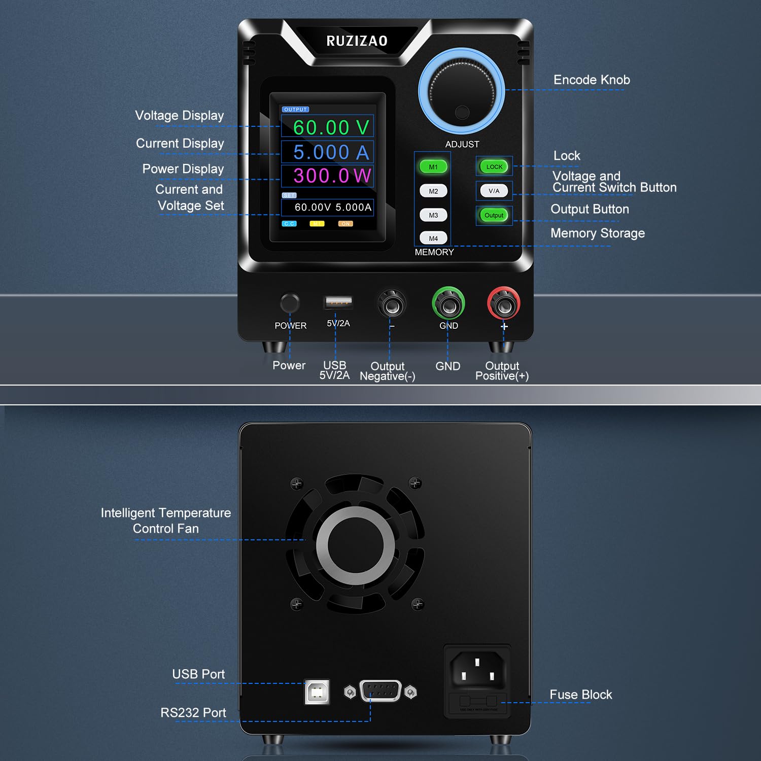 Alimentatore da Banco Programmabile 60V 5A, Alimentatore da Laboratorio con Memoria/OUTPUT/Encoder, Alimentatore Regolabile Variabile con Software, Pulsante di Blocco e Porta di Ricarica USB