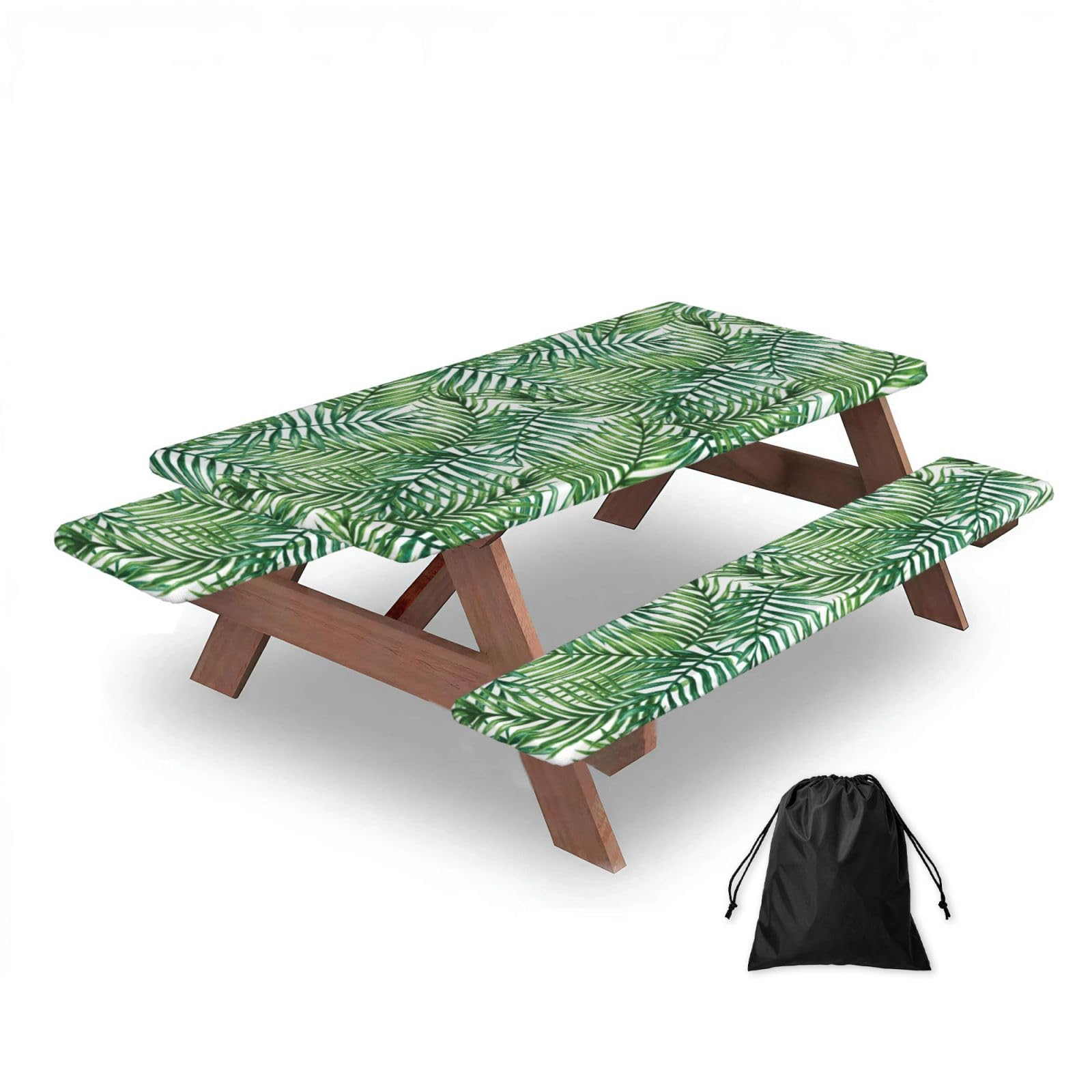 Dopklna As Picture Tropical Palm Tree Leaves Printed, Picnic Table Cover With Bench Covers -Waterproof Elastic Fitted Tablecloth For Garden Camping Patio 76X152cm