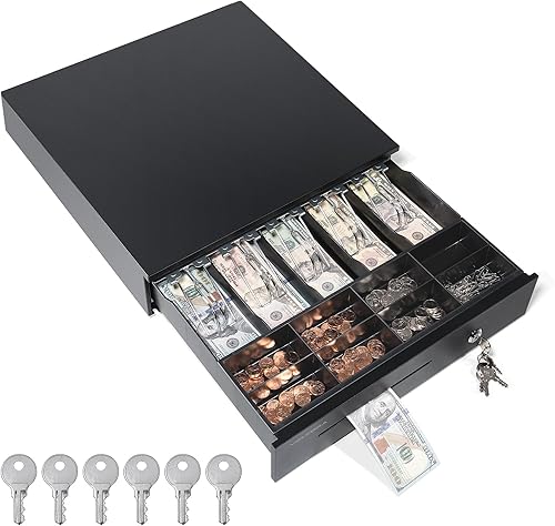 Volcora Cajón electrónico de caja registradora para sistema de punto de venta (POS), 5 billetes/8 monedas, 16" con ranuras ajustables para monedas,