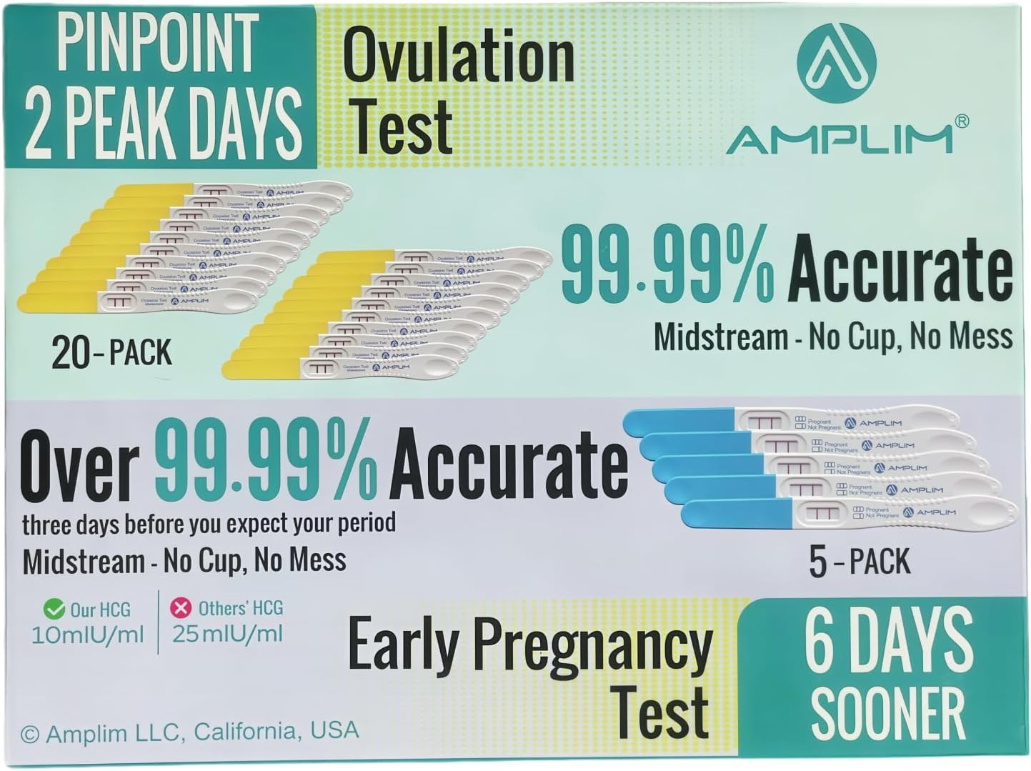 Amplim Pregnancy Test and Ovulation Tests Kit, 25 Pack Bulk Early Detection HCG & LH Sticks, 99.99% Accurate at Home Predictor 6 Days Early Result, Extra Sensitive Fertility Tracker for Women