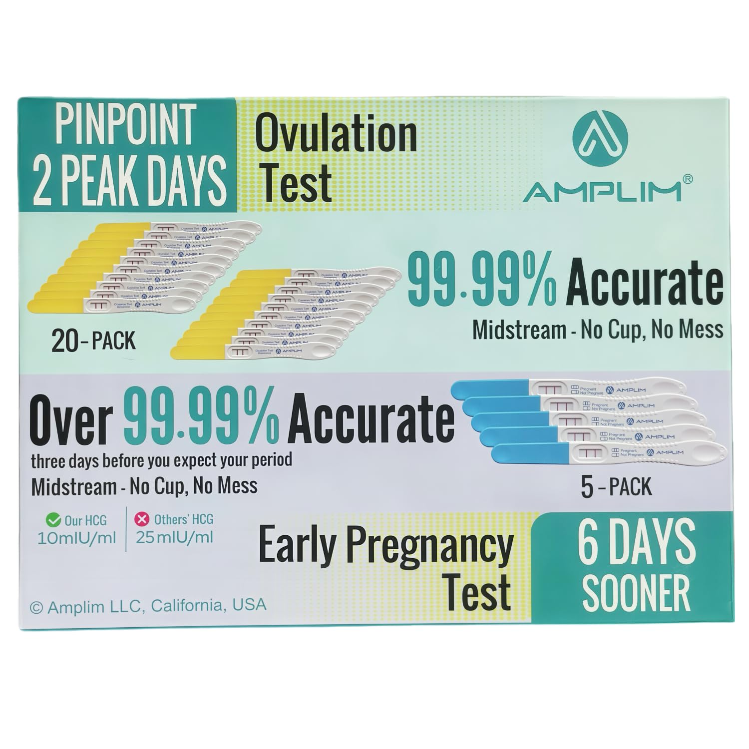 Amplim Pregnancy Test and Ovulation Tests Kit, 25 Pack Bulk Early Detection HCG &amp; LH Sticks, 99.99% Accurate at Home Predictor 6 Days Early Result, Extra Sensitive Fertility Tracker for Women