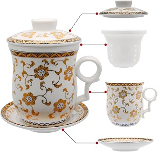 Porcelain Tea Cup with Lid and Saucer Infuser Sets - Chinese Jingdezhen Ceramics Coffee Mug Teacup Loose Leaf Tea Brewing System for Home Office