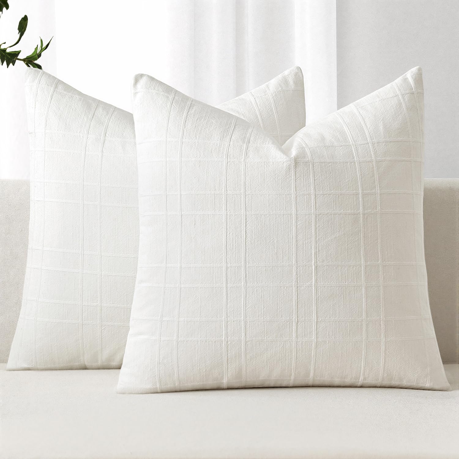 MIULEE Linen Plaid Pillow Covers Decorative 20x20 Cream White