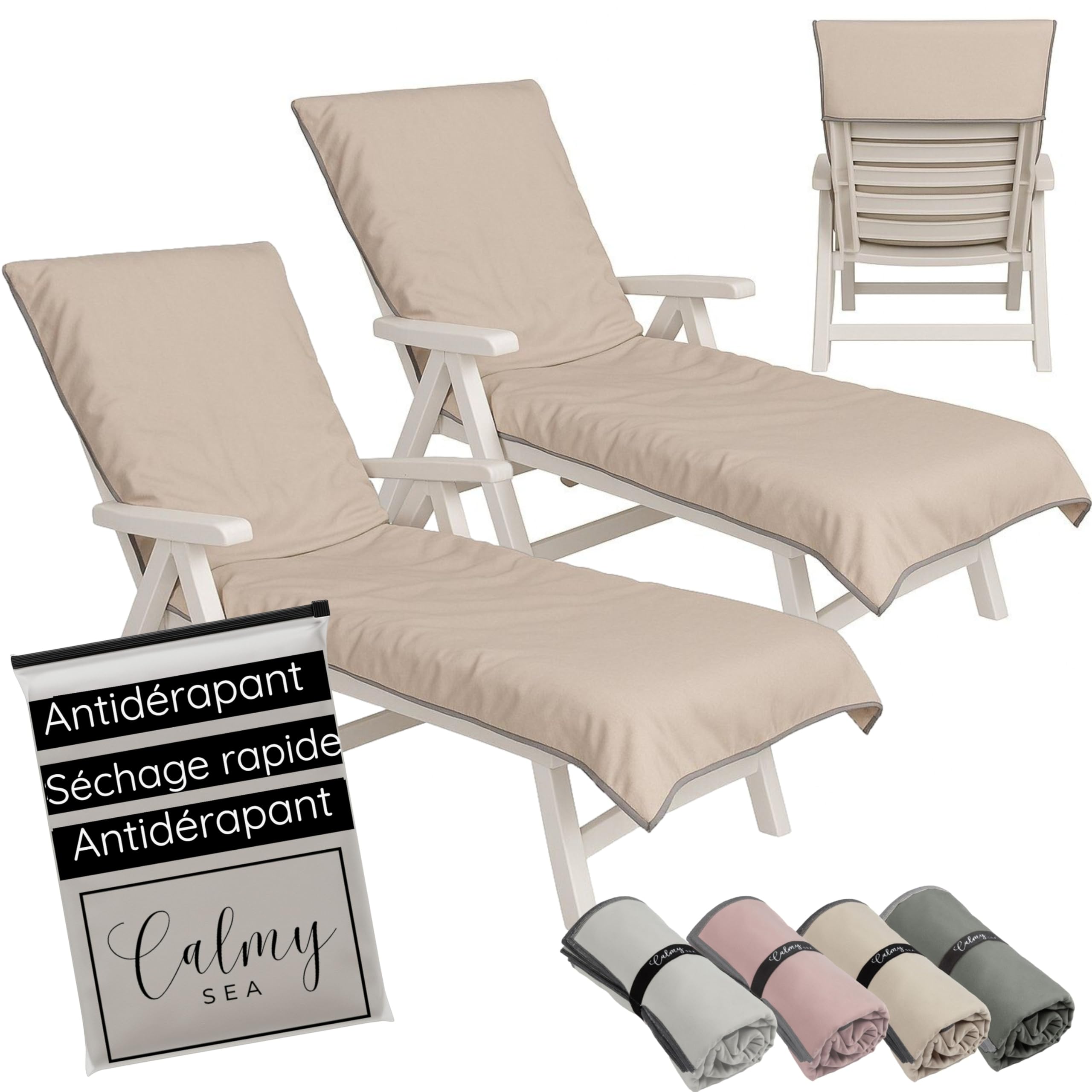Lot de 2 serviettes pour chaise longue - 200 x 75 cm - Avec capuche - En microfibre - Poids léger - Pour chaise longue de jardin - Avec enveloppe - Housse de chaise longue de plage (beige, 2