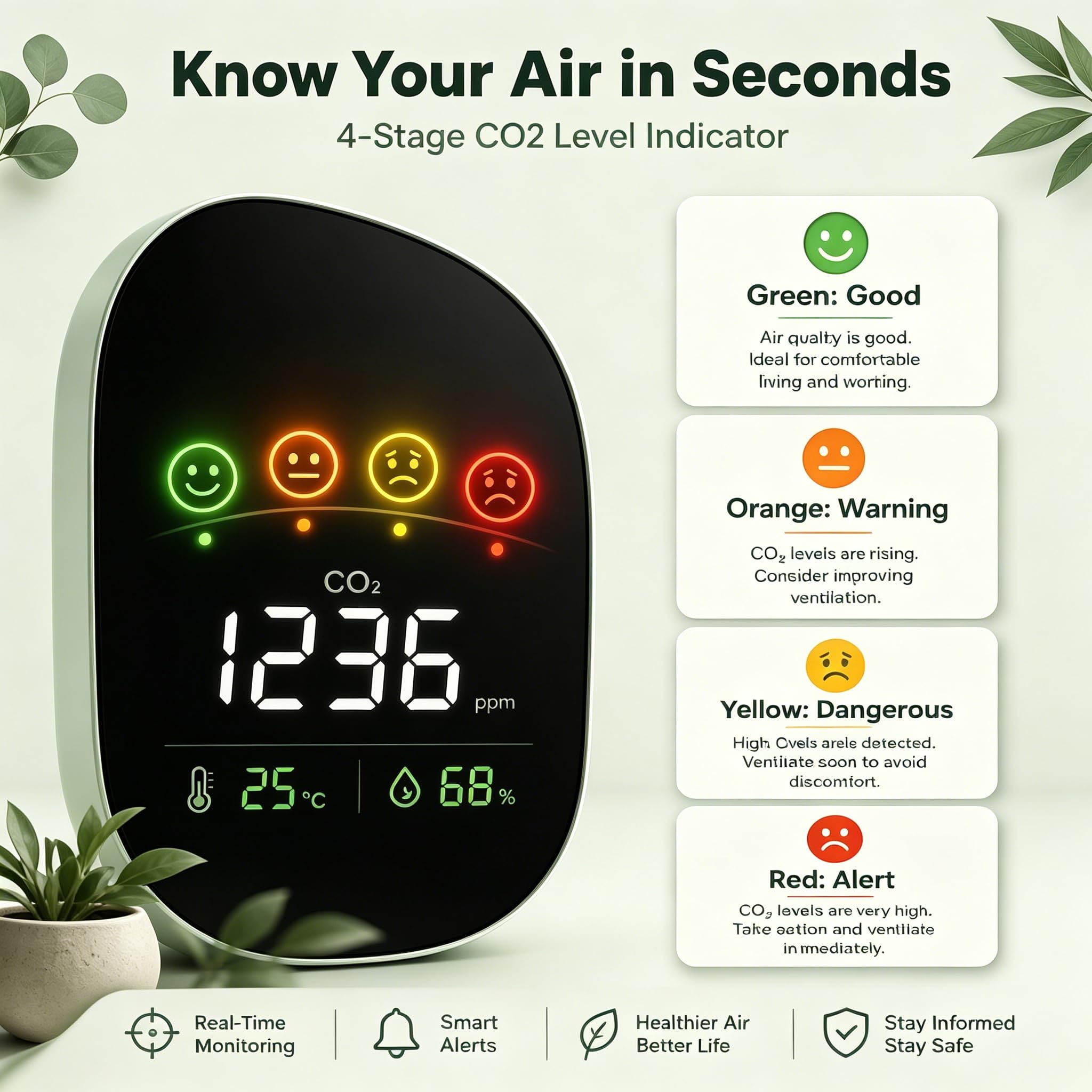 Monitor de Calidad del Aire, Pantalla LED de Montaje en Pared, Detector de Concentración de CO2, Termómetro, Higrómetro, Indicador de 4 Etapas para Uso en Interiores