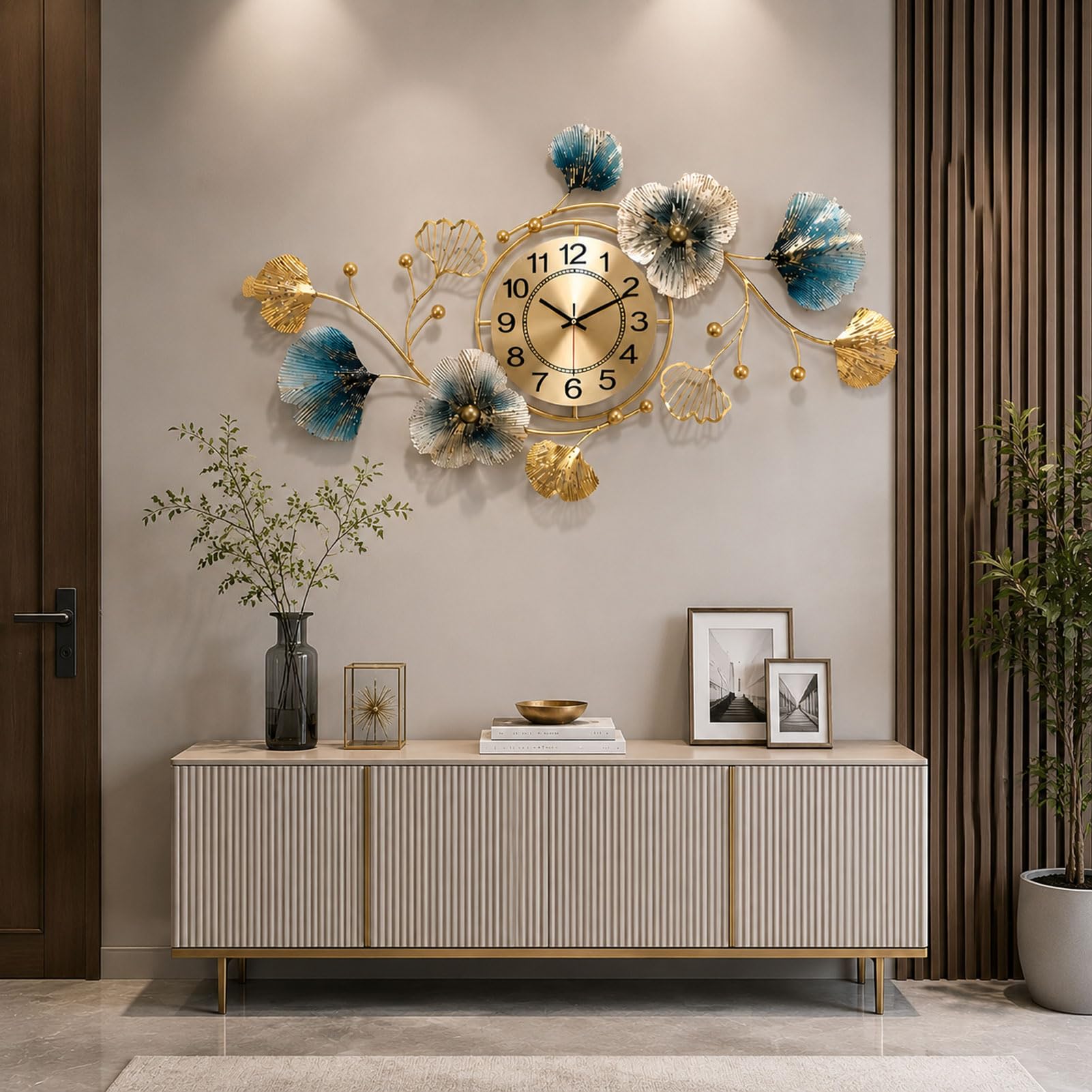 Relojes de Pared Muy Grandes Reloj de Pared Moderno y Elegante | Reloj de pared de metal Hoja de ginkgo de metal decorativo Estilo de diseño Cocinas Salas de Habitaciones Oro,S