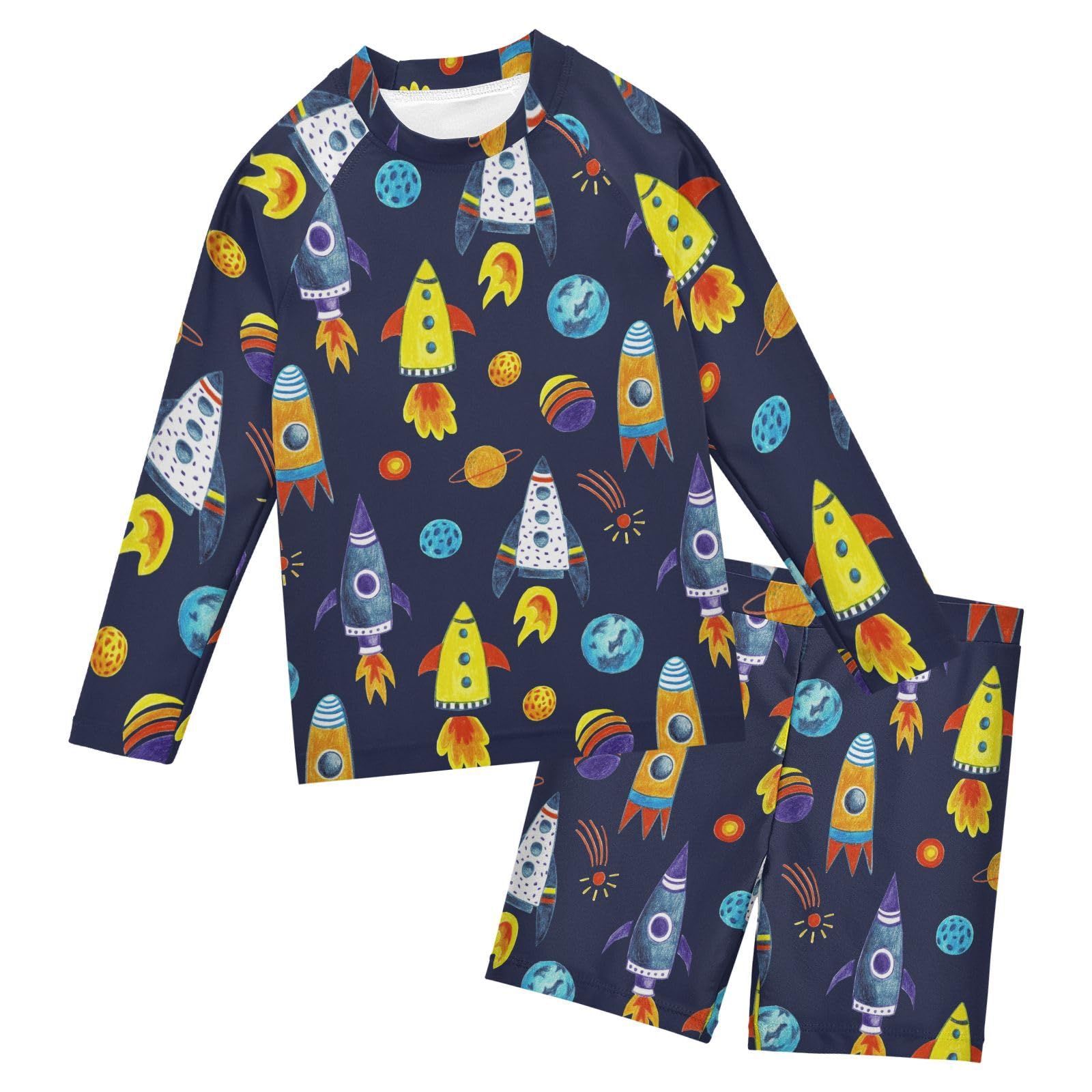 Aflyko Boys' Rash Guard Set Rocket Planet Cartoon SPF 50+ Sun Protection Swimsuit Multicoloured