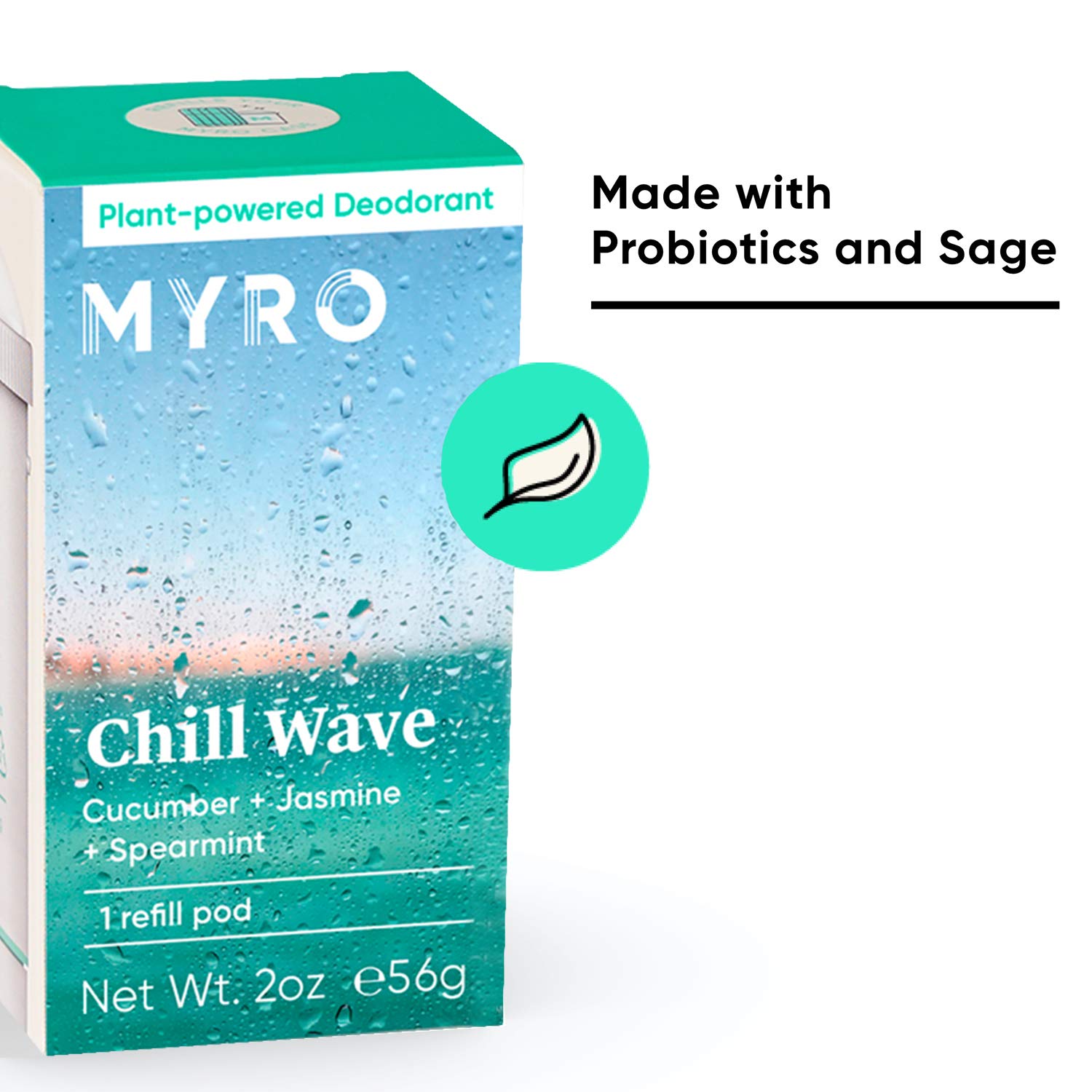 Myro Deodorant Refill Pod | Plant-based, Aluminum Free, Baking Soda Free, Cruelty Free & Vegan | 24 Hour Clinically Proven Odor Control | Chill Wave Scent with Cucumber, Jasmine, Spearmint (Case Not Included)