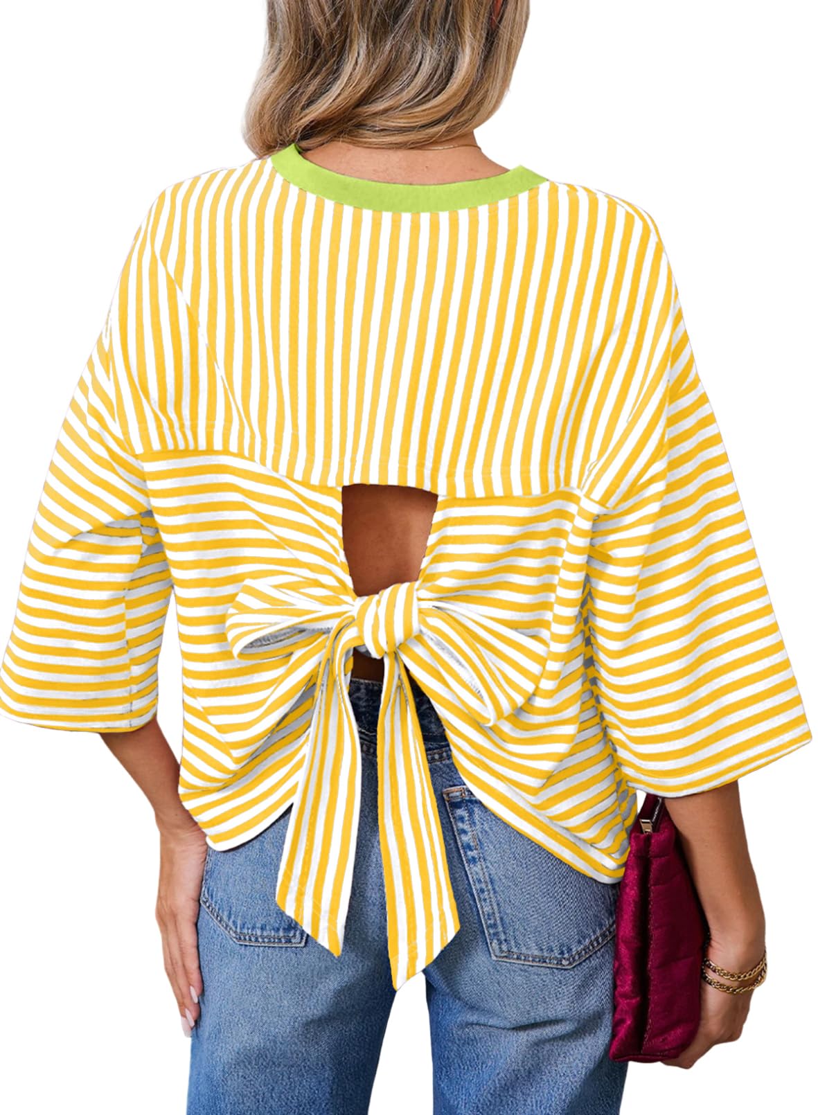 Dokotoo Womens Tops 2026 Striped Tie Back Short Sleeve T Shirts Crewneck Casual Loose Basic Tee Summer Outfits — view 17