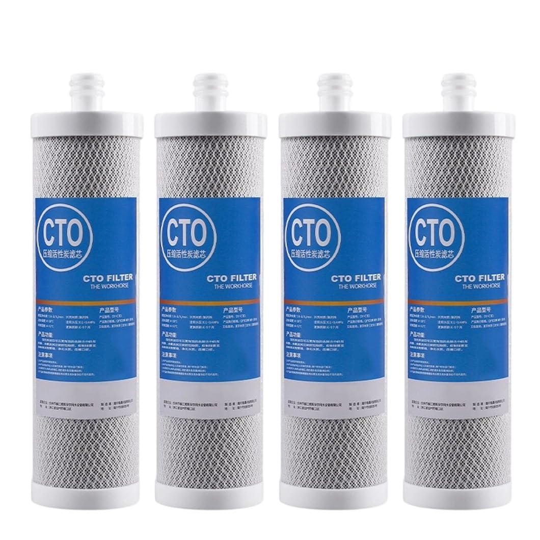 Paquete 4 cartuchos filtrantes CTO de carbón activado de cáscara de coco 10x2,6in con conexión enchufable, aptos para prefiltración bajo fregadero y por ósmosis inversa