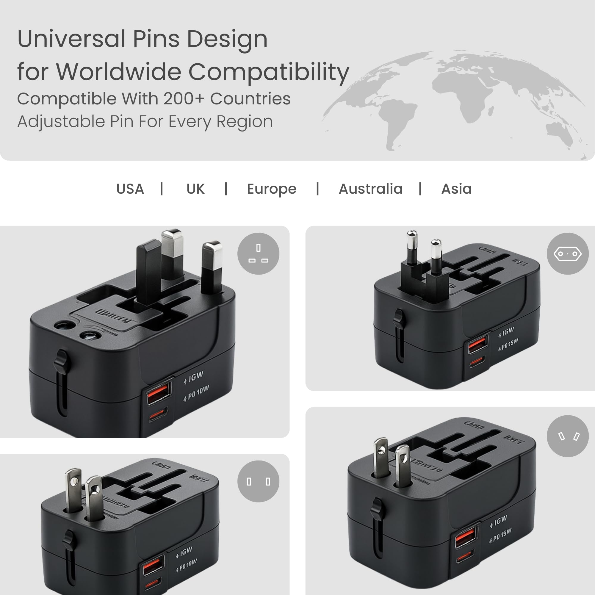 OOGE Universal Travel Adapter All-in-One, 38W Fast Charger with USB-C PD & QC 3.0 USB-A, International Travel Adapter for 200+ Countries with US/UK/EU/AU Plugs, Compact Universal Charger Adapter — Amazon image 3