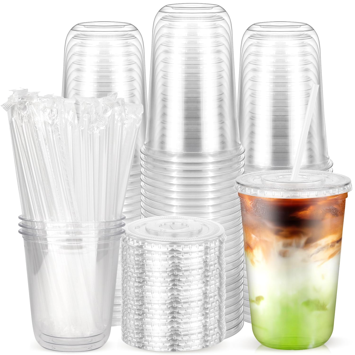 Photo 1 of 100PCS 16 oz Disposable Plastic Cups with Flat Lids and Clear Straws, Round Bottom To Go Iced Coffee Cups, BPA Free Holiday Cups for Smoothies, Cold Drinks, Coffee Shop, Juice Bars, Takeout, Office
