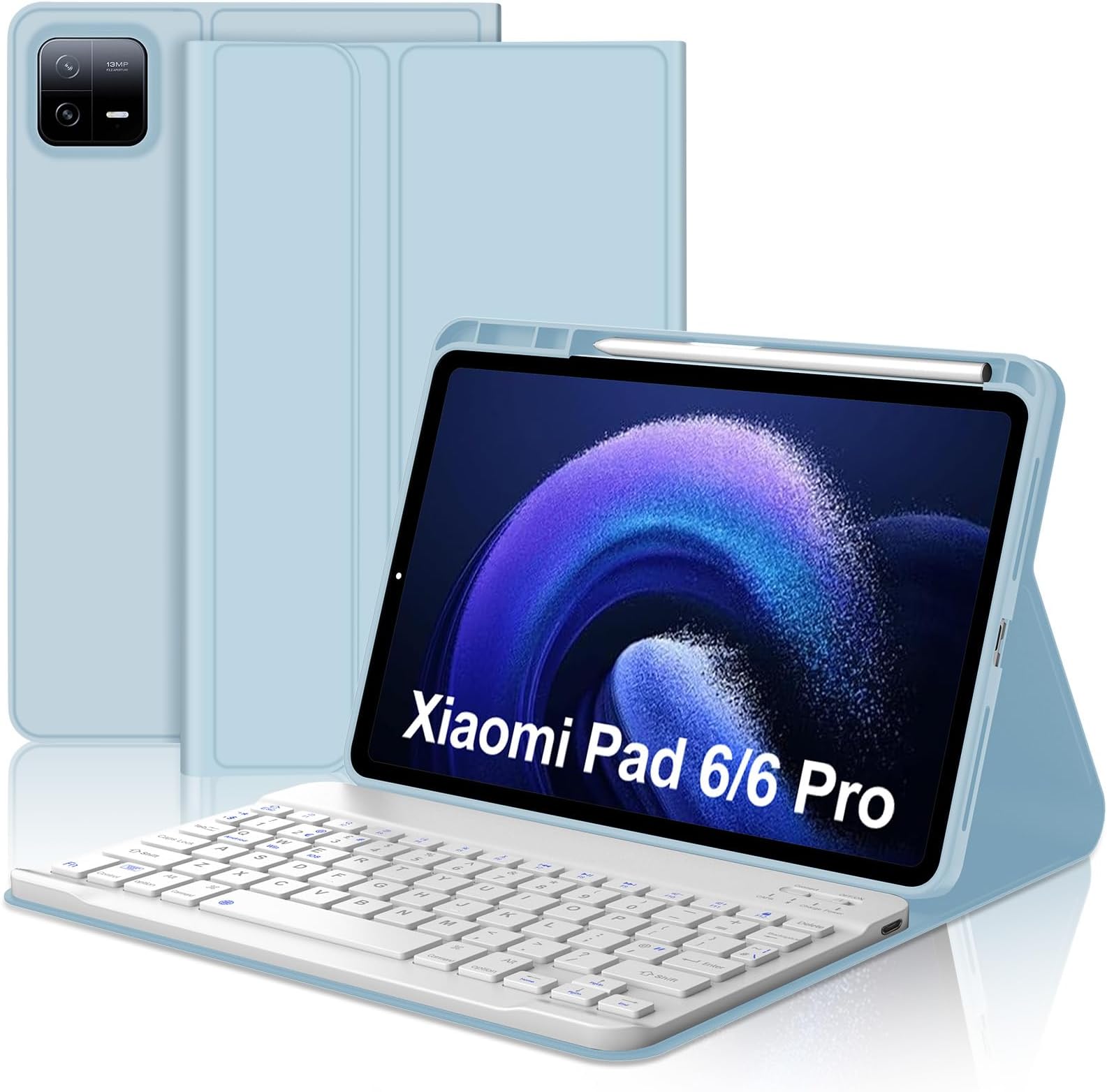 Keyboard Case for Xiaomi Pad 6/Mi Pad 6 Pro 11", Magnetically Detachable Wireless Bluetooth Keyboard with Protective Cover and Pencil Holder for Xiaomi Pad 6/6 Pro 11 inch 2023 Tablet, Sky Blue