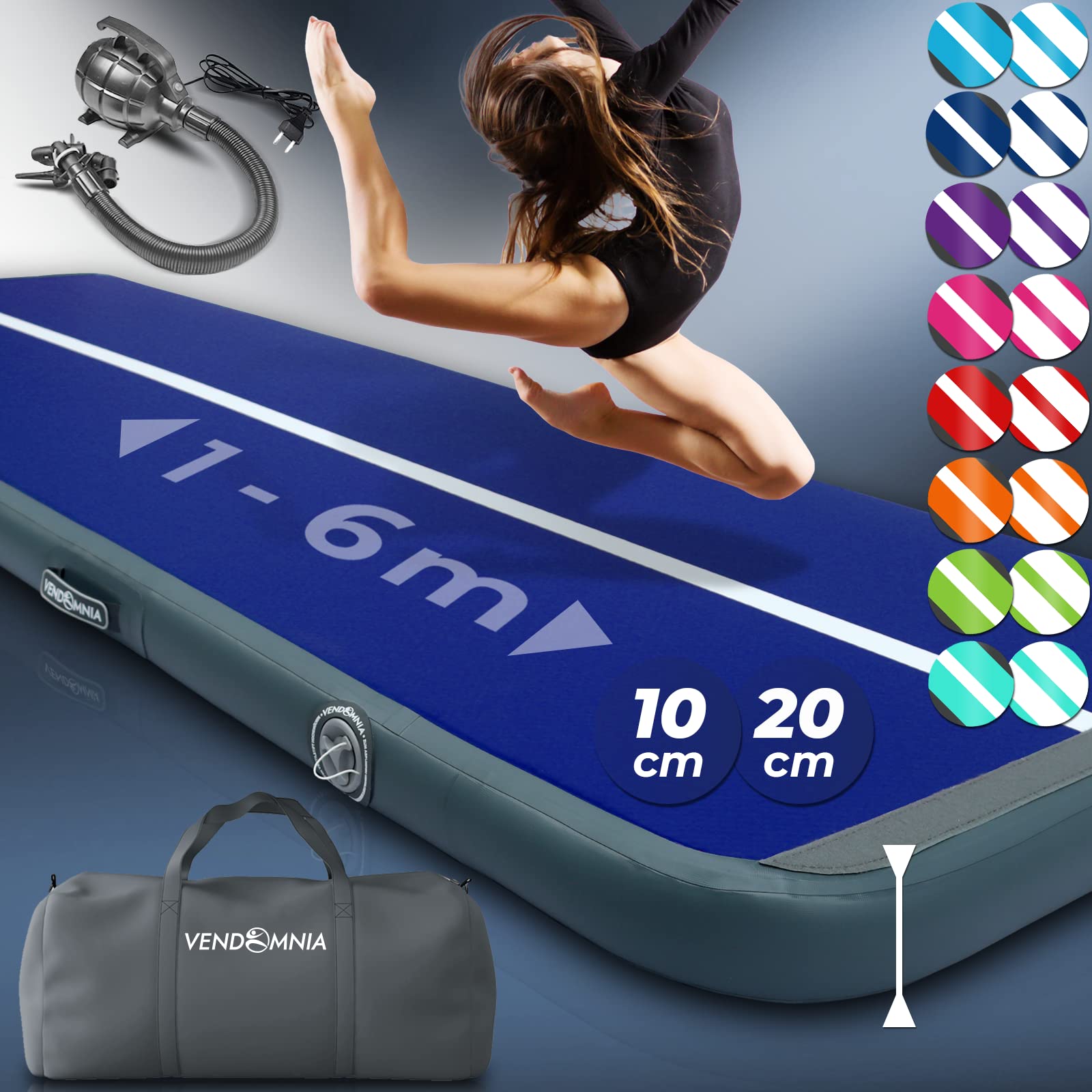 VENDOMNIA Airtrack Tapis de gymnastique, gonflable, 10/20 cm de haut, longueur : 1/2/3/4/5/6/7/8 m, avec pompe électrique et sac, tapis de tumbling, tapis d'entraînement, tapis de fitness, tapis de
