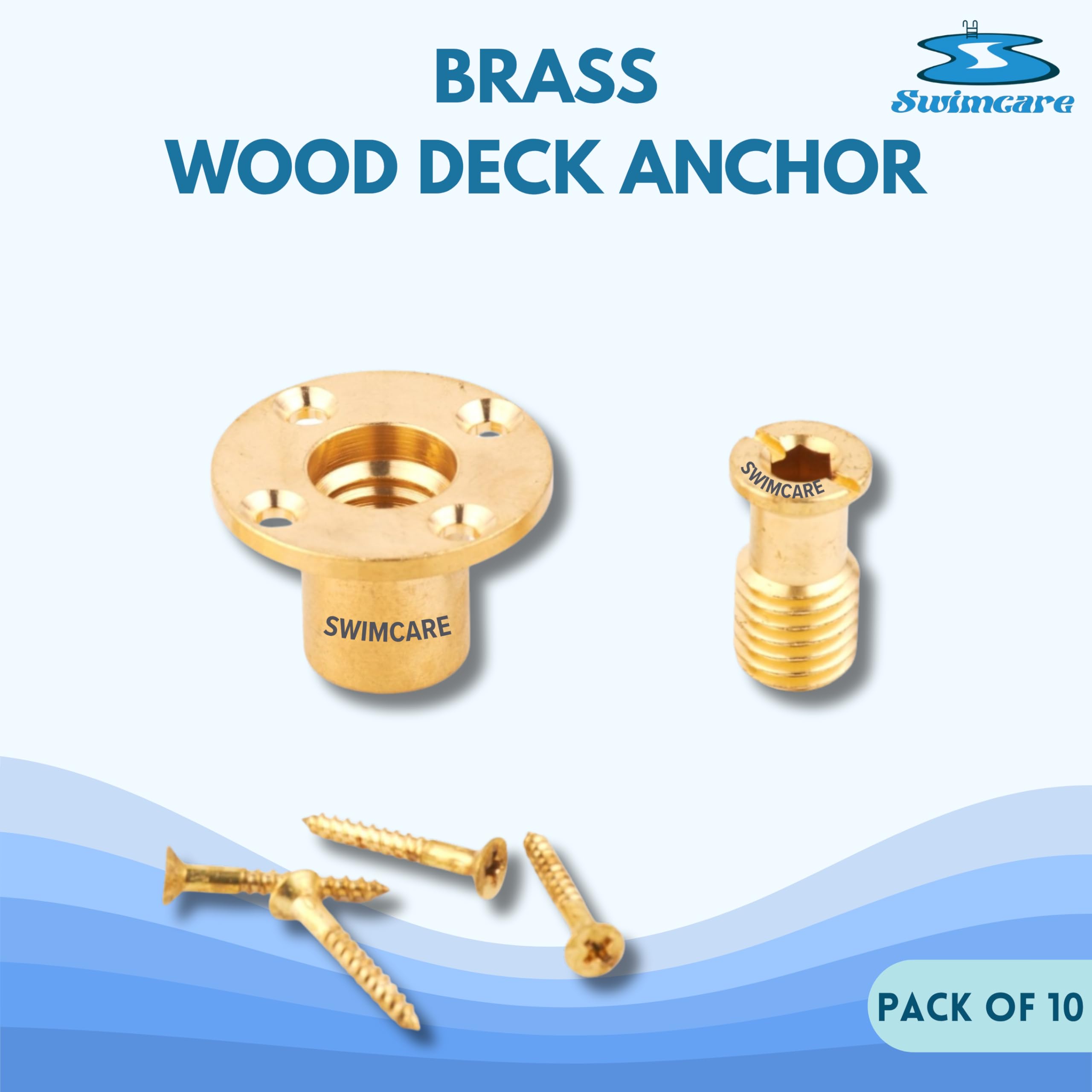 Swimcare Messing Holz Deck Anker Kit für Pool Sicherheitsabdeckung - Schwerlastanker mit 4 Schrauben für In-Ground Swimming Pool Mesh & Winterabdeckungen (Nur Holzdeck) - 10 Stück