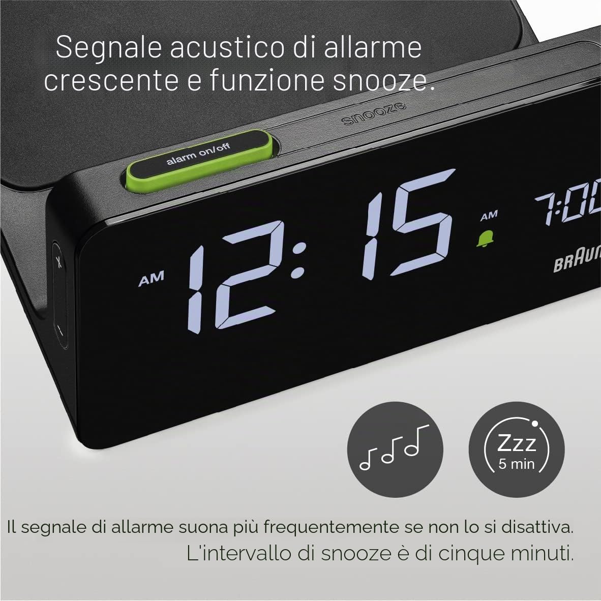 Braun Digital Alarm Clock with VA LCD Display, 10W Qi Wireless Fast-Charging Pad, Automatic Backlight Adjustment, Quick Set, Beep Alarm in Black, model BC21B.
