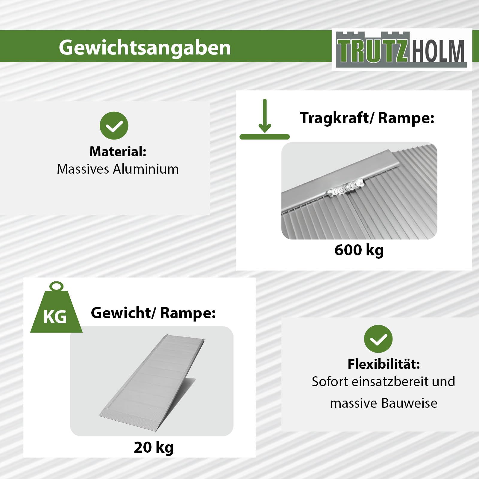 TRUTZHOLM 1 x Breitrampe 214 x 74 cm Traglast 600 kg Alu grau geriffelt Auffahrrampe Eventrampe Laderampe