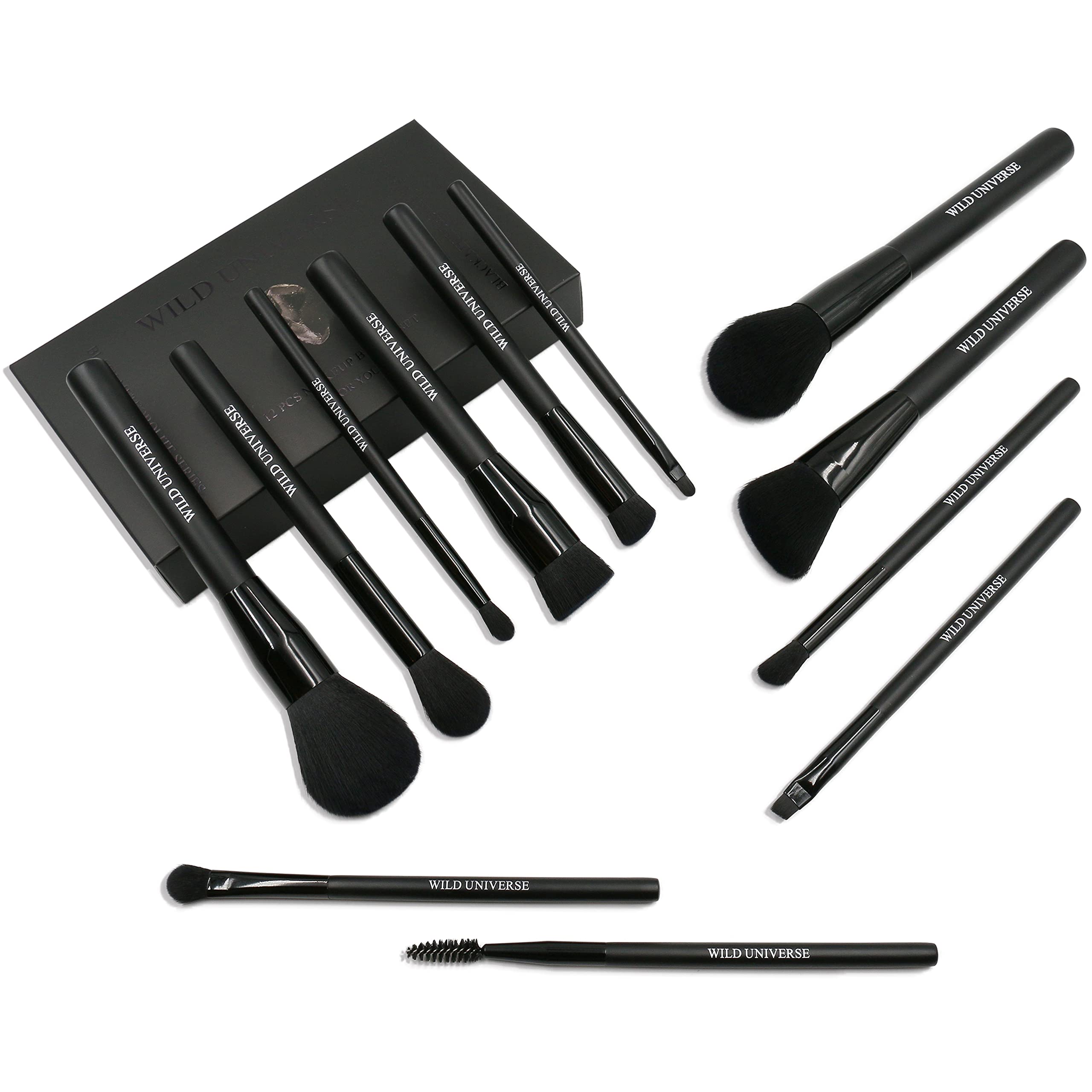 Wild Universe12PCs Makeup Brush Set - Premium & Synthetic - Unisex & Vegan & Cruelty-Free - Kabuki, Foundation, Powder, Blush, Eye Shadow, Concealer, Face, Blending Brushes Kit with 1 Black Gift Case