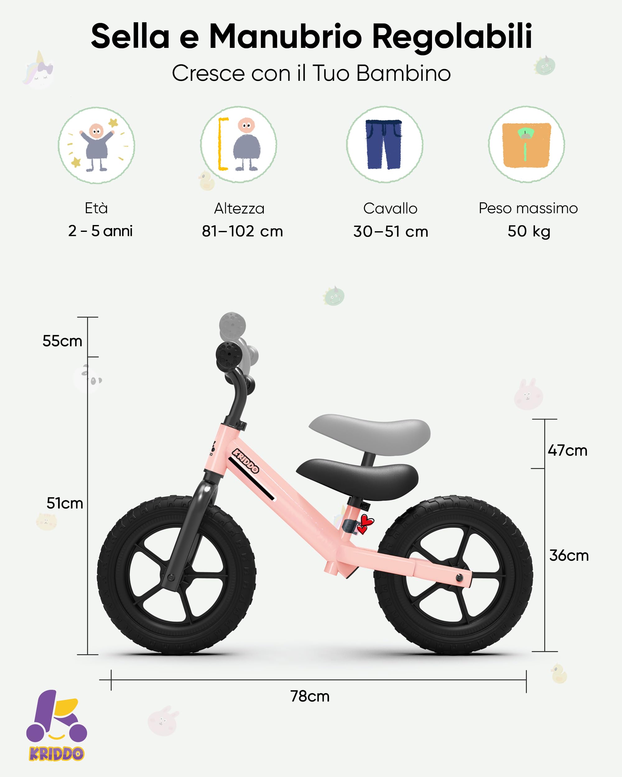 KRIDDO Bicicletta senza pedali per bambini dai 2 ai 5 anni, doppio cuscinetto per una guida più fluida, adorabile piastra, sedile e manubrio regolabili, regalo per bambini dai 2 ai 3 anni