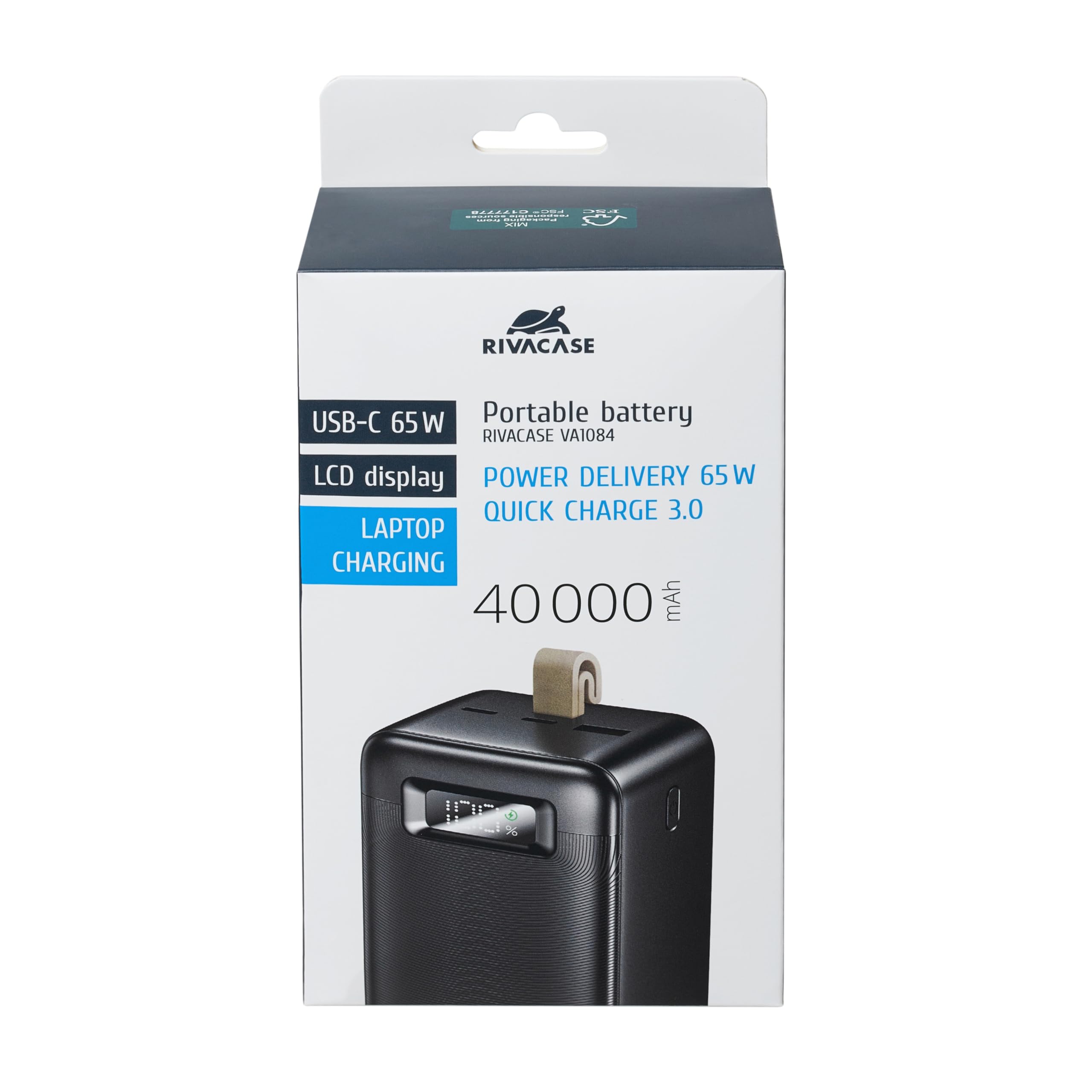 RIVACASE Batterie externe VA1084 40 000 mAh, QC/PD 65 W, compatible avec les ordinateurs portables, chargeur portable avec écran LCD, 2 entrées et 3 sorties, parfait pour MacBook, iPhone, Dell, HP,