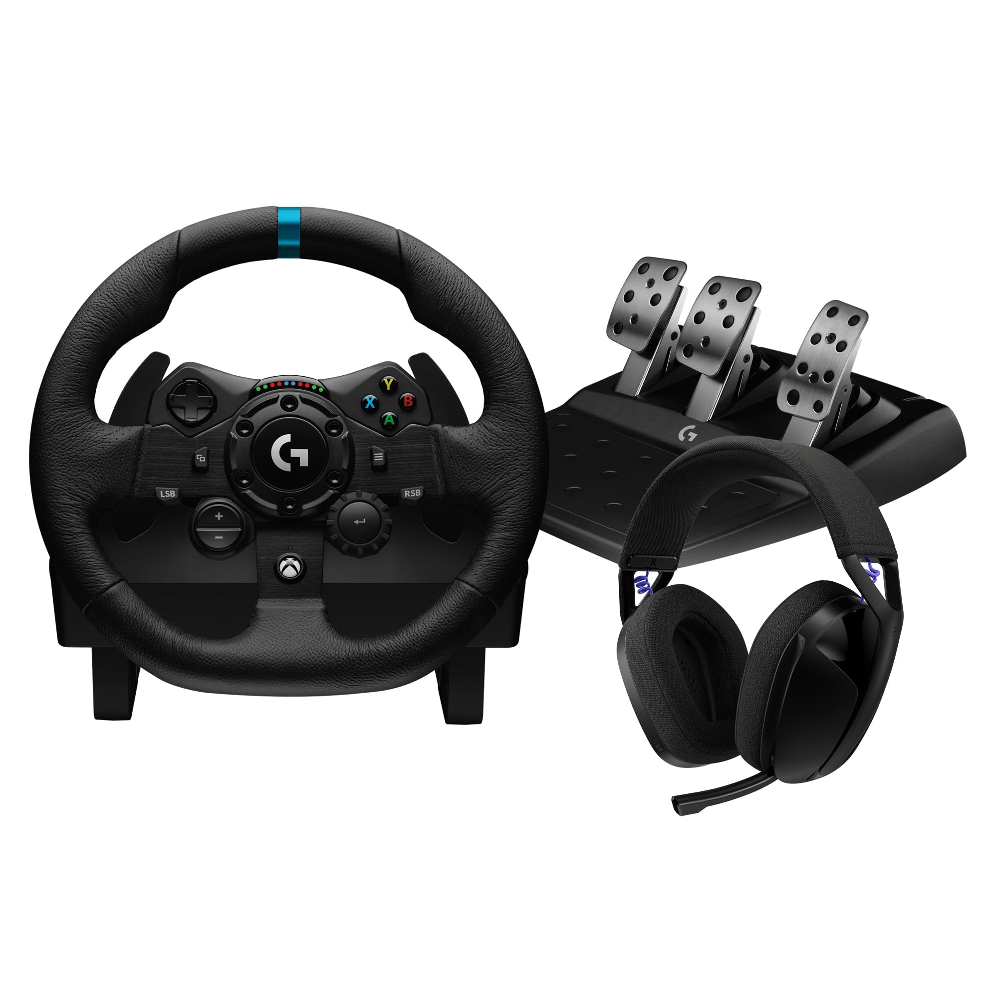 Logitech G G923 Rennlenkrad und Pedale für Xbox Series X|S, Xbox One, PC, TRUEFORCE Force Feedback bis zu 1000 Hz + G321 LIGHTSPEED Kabelloses Bluetooth-Gaming-Headset – Schwarz