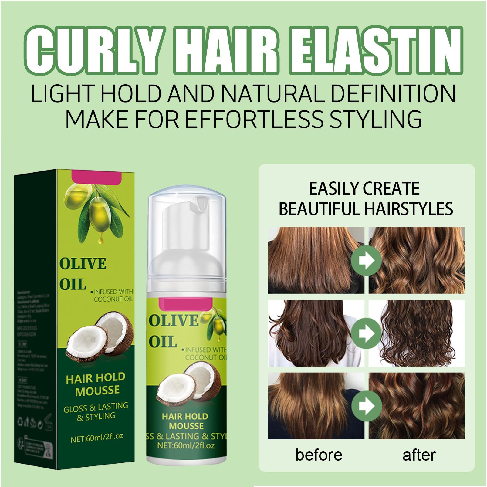 Olive Oil Hair Styling Mousse 2PCS Coconut Infused Wrap/Set Foam for Curl Definition,Long-Lasting Hold - Image 4