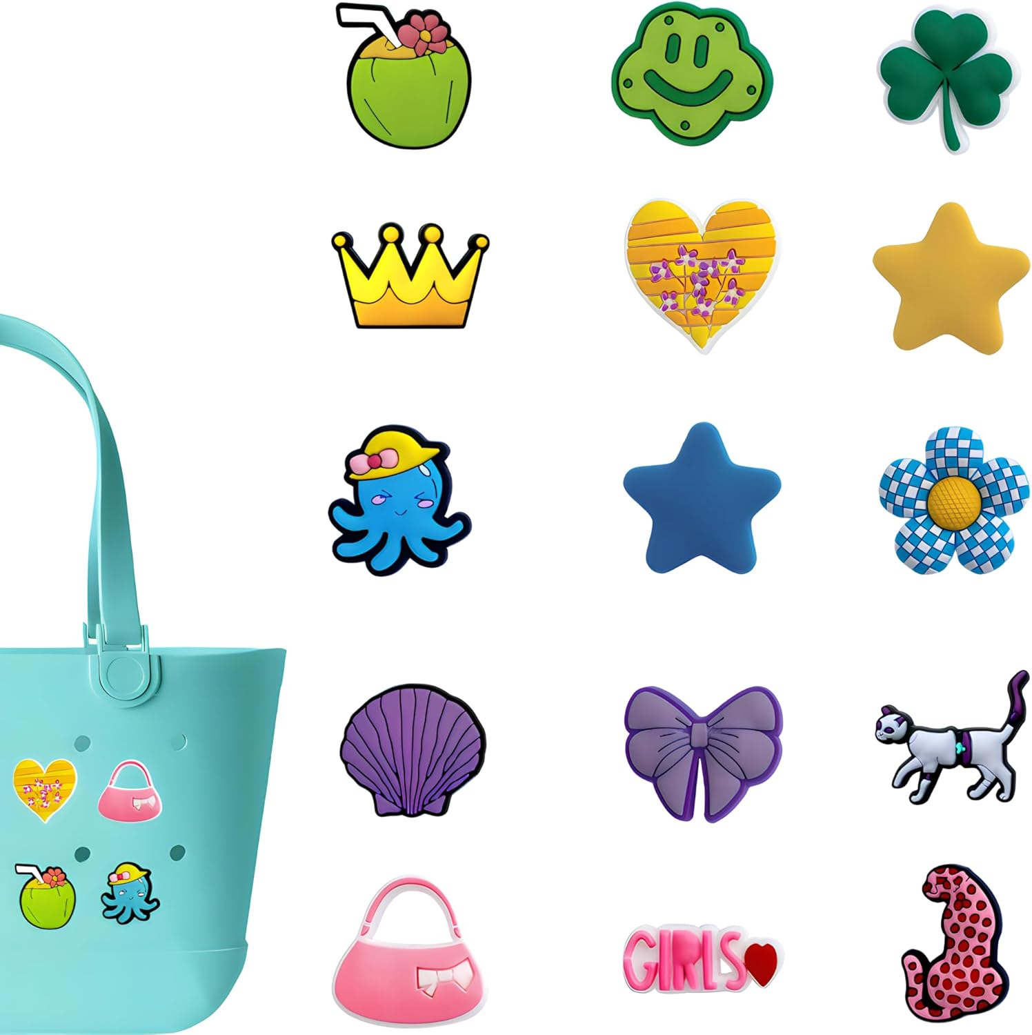 15 Charms for Bogg Bag - Colorful Rubber Inserts Set (Pink, Purple, Blue, Yellow, Green) - Compatible with Bogg Bag Accessories, Beach Bag Charms for Women & Girls (B1)