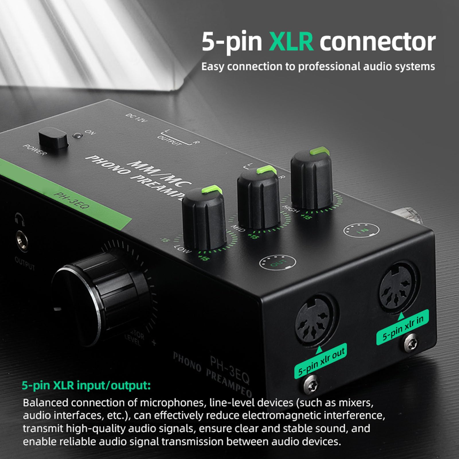 Préampli Phono MM MC Professionnel avec Entrée XLR 5 Broches, Égalisation Réglable pour Platines Vinyle