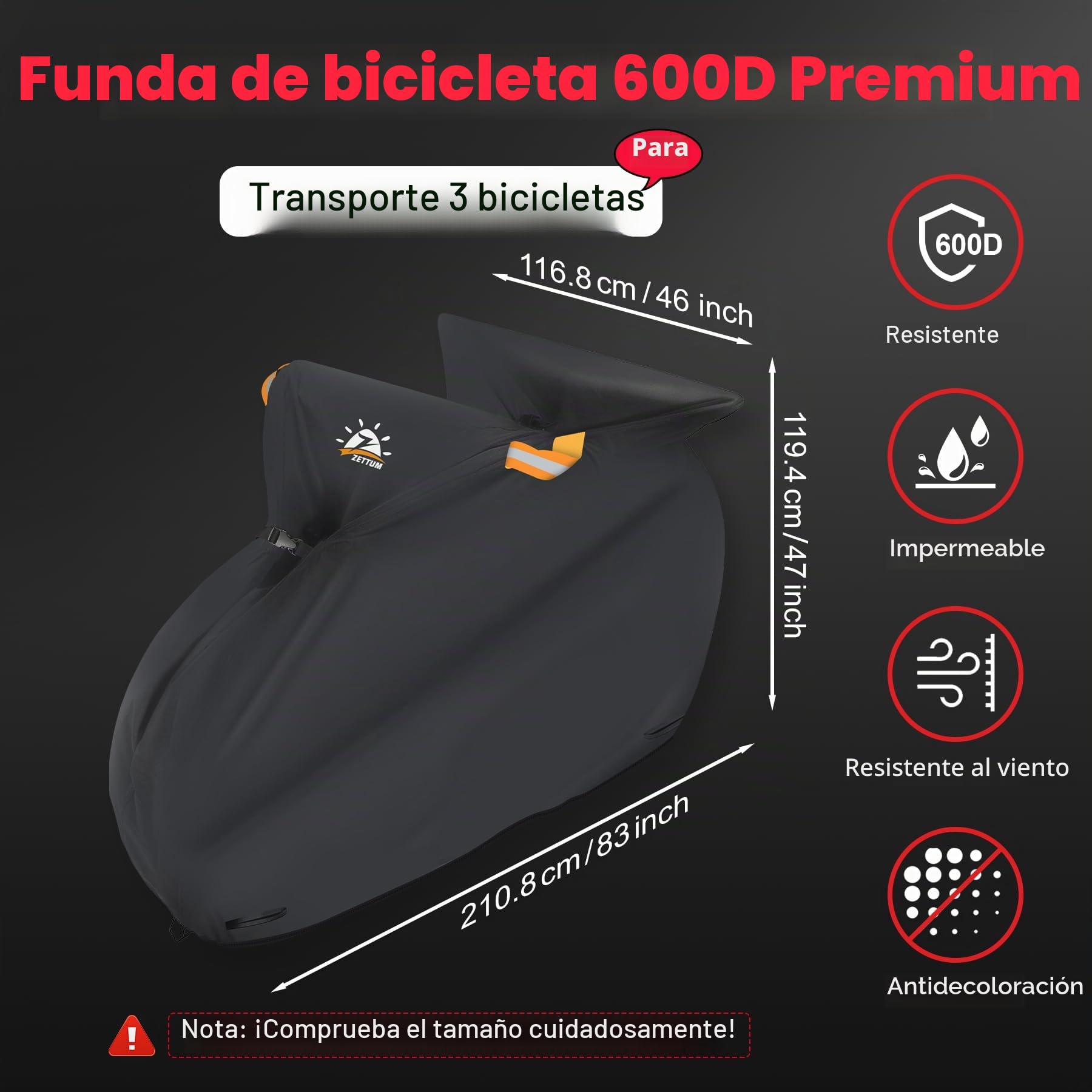 Zettum Funda de Bicicleta para Transporte de 3 Bicicleta, Cubierta Protector para Almacenamiento Exterior, 600D Oxford Impermeable Funda de Bicicleta con Hebillas Inteligentes Resistentes al Viento