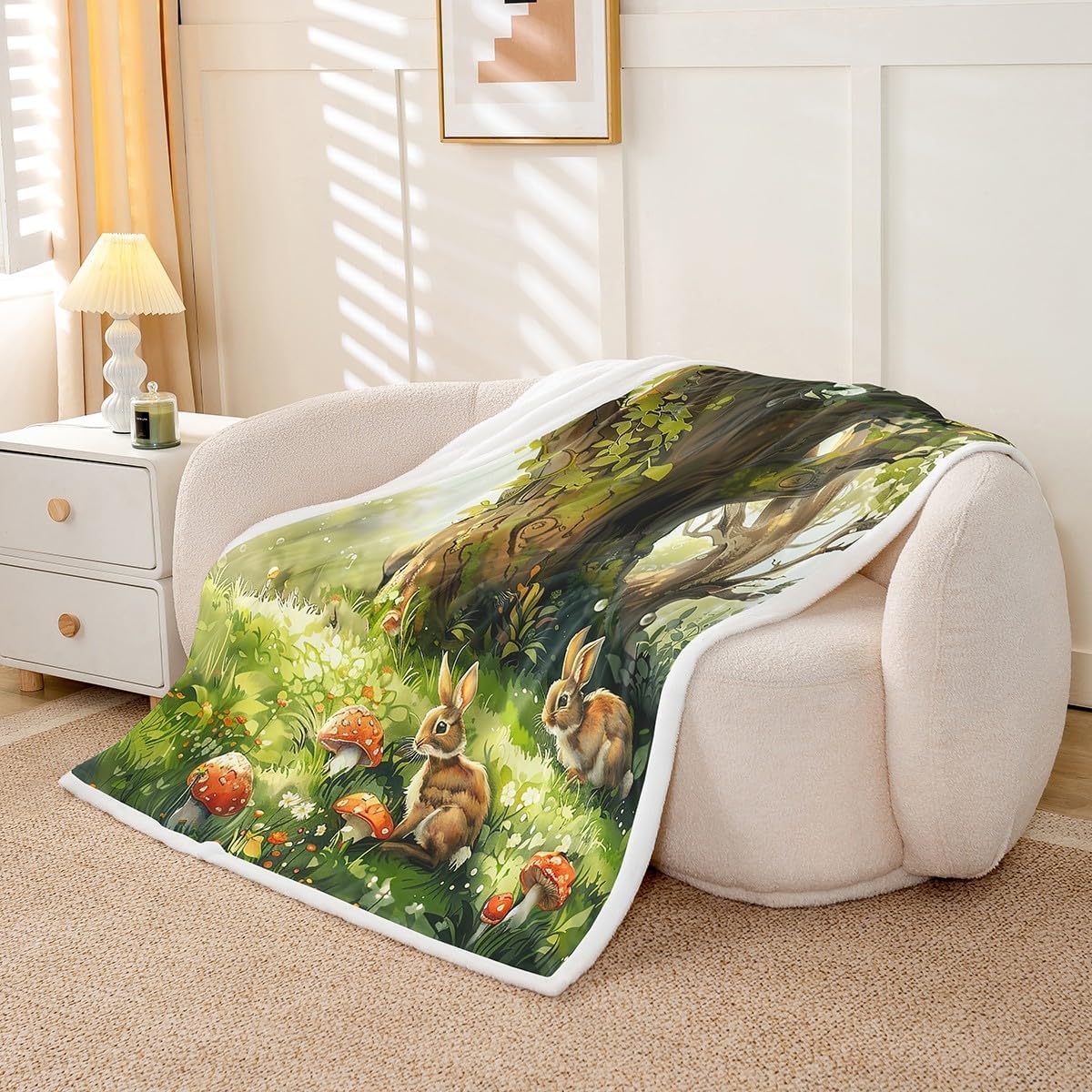 Castle Fairy Rabbit Throw Blanket,Red Mushroom Fleece Blanket for Kids Girls Boys Teens Room Decor,Wild Animals Plants Blankets,Cartoon Nature Garden Fuzzy Blanket,for Chair/Sofa,50"×60"