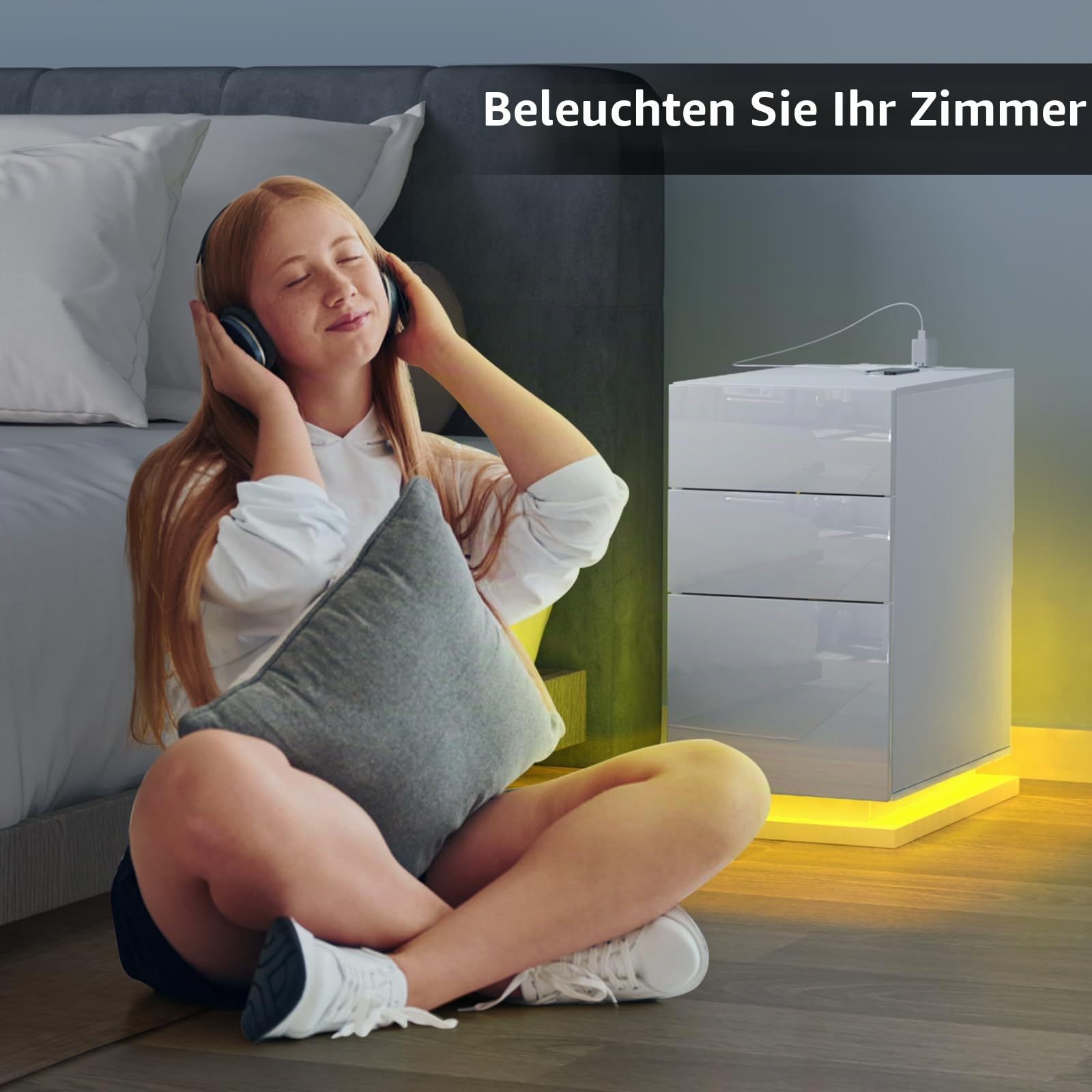 Nachttisch Schmal Weiß, Led Nachttischh für Schlafzimmer, Beistelltisch mit 3 Schubladen,16 Farben LED Nachttisch,Wohnzimmer, Schlafzimmer, Arbeitszimmer 50x30x63 cm