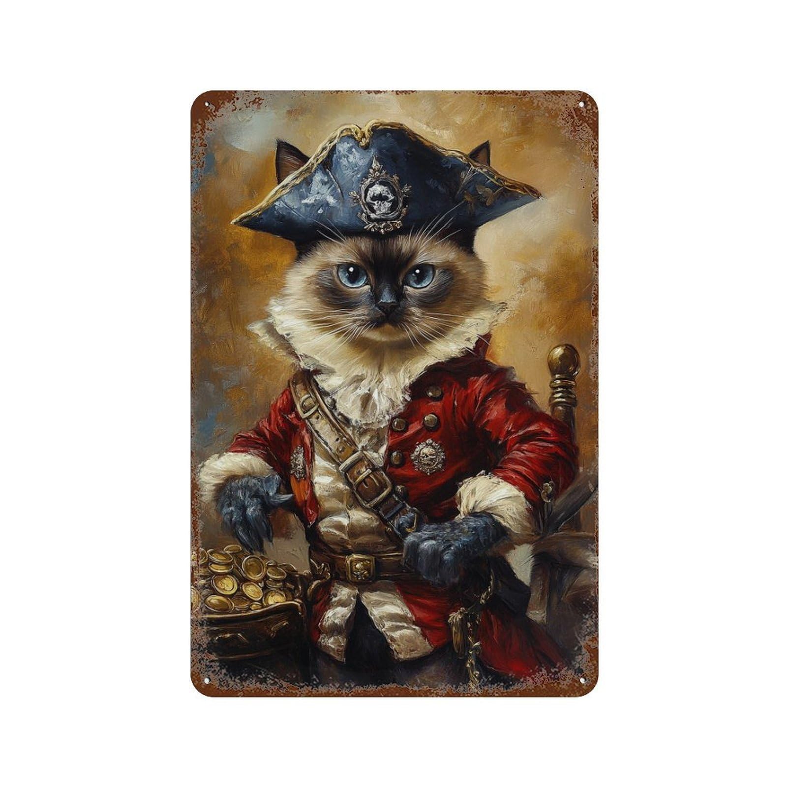 Pirate Cat Captain Portrait-1 Rust Effect Tin Sign 11.8"x7.9", Decorative Metal Wall Art for Living Room, Hallway And Home Decor