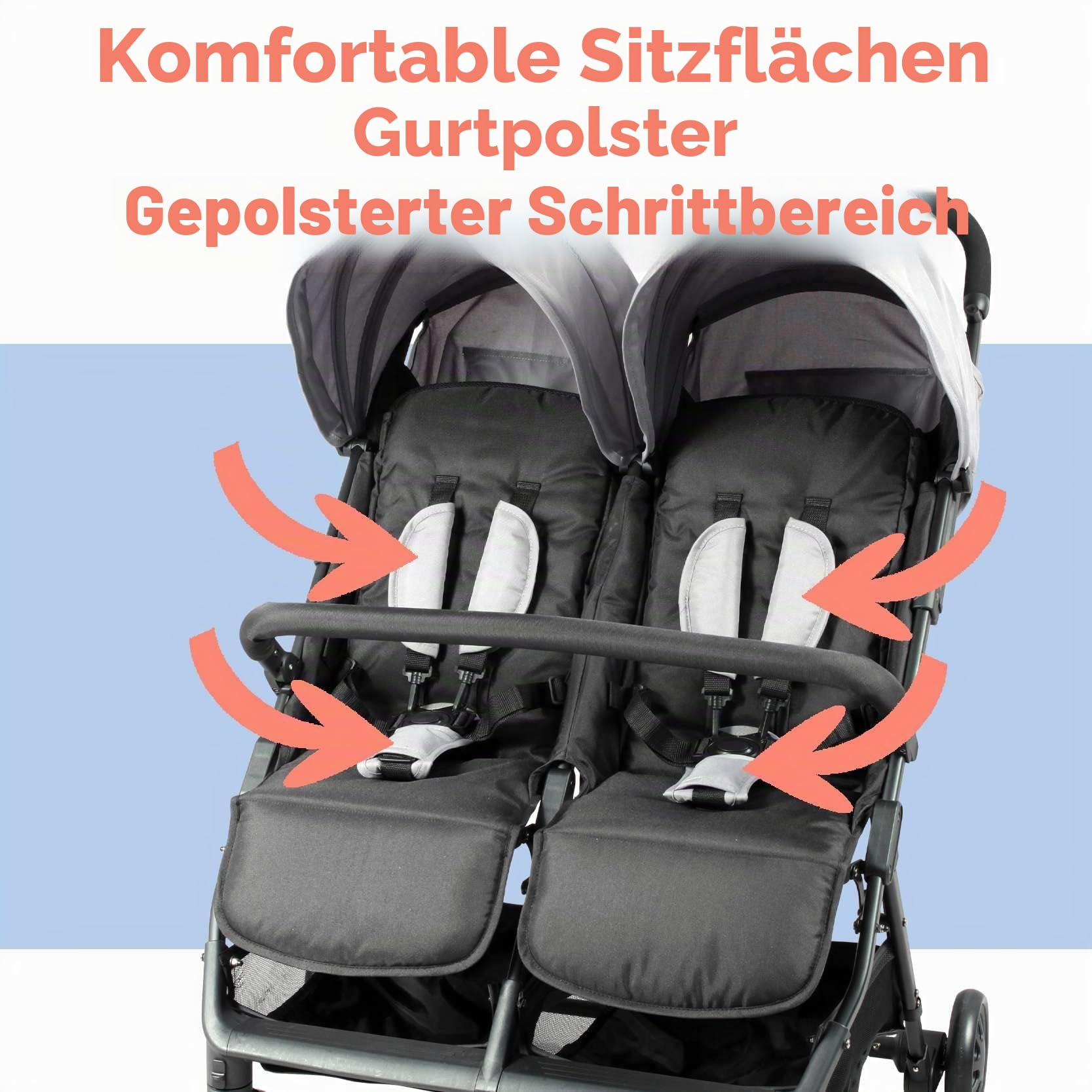 Bambisol Doppelkinderwagen nebeneinander | ideal für Zwillinge ab der Geburt mit ultra-kompaktem Zusammenklappen | Farbe Schwarz und Grau