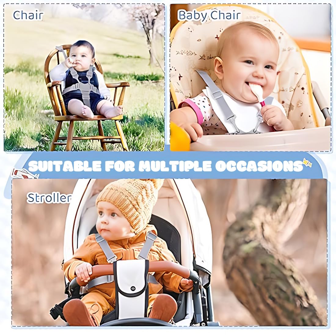 Imbracatura Bambini, Cintura Sicurezza Bambini, Cintura Sicurezza Bambini per Seggiolone 5 Punti Universale Regolabile Seggiolone Cintura Imbracatura per Passeggino Carrozzina (Fibbia Grigia)