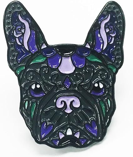 Bulldog francés negro púrpura azúcar cráneo tatuaje raza perro amante esmalte solapa Pin