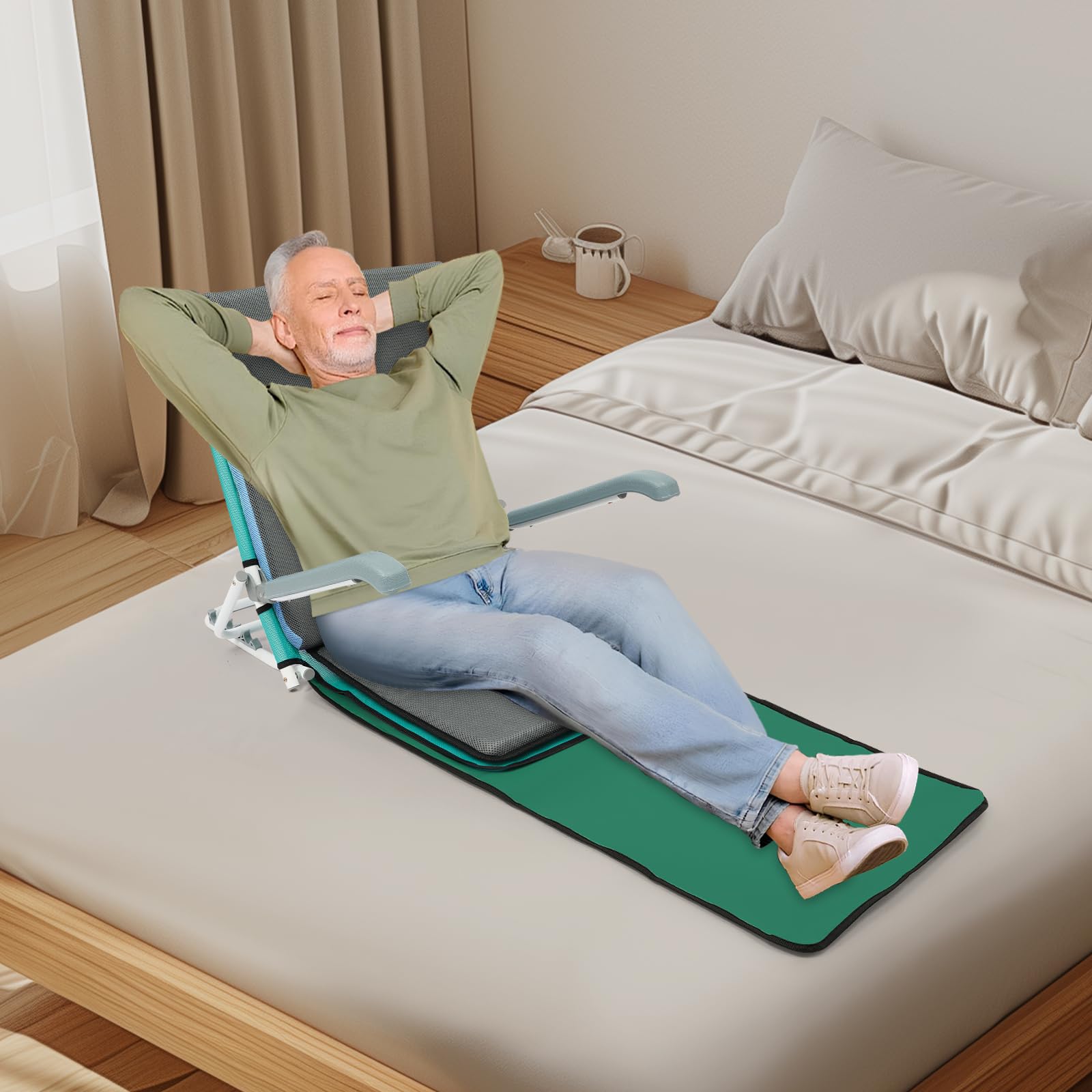 CNCEST Adjustable Bed Backrest, Portable Folding Backrest, 20°~75° Adjustable Lifting Bed Backrests for Applicable to The Care of Patients Or The Elderly Load-Bearing 198.42 lbs (Lake Blue+Grey)