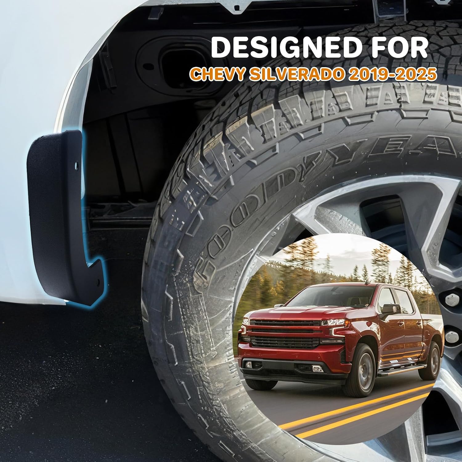 Mud Flap Delete Fit for Chevy Silverado 2019-2026,Mud Guards Compatible with Chevrolet Silverado 1500 Accessories, Easy Install,Without Drilling,Includes Front and Rear Mud Guard Set (4pcs-Set)